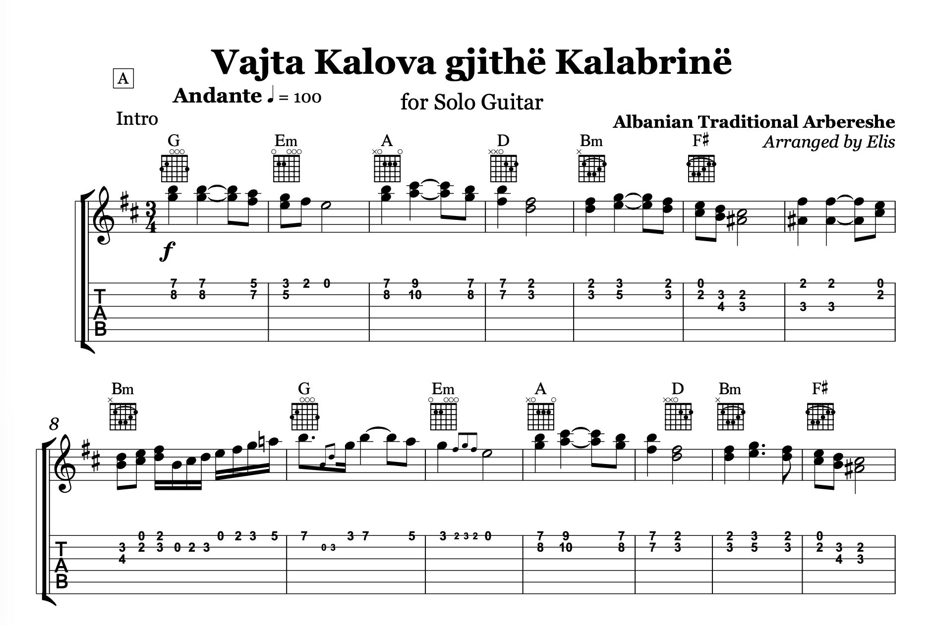Sheet music for a solo guitar piece titled 'Vajta Kalova gjithè Kalabrinè' with tablature and notation.