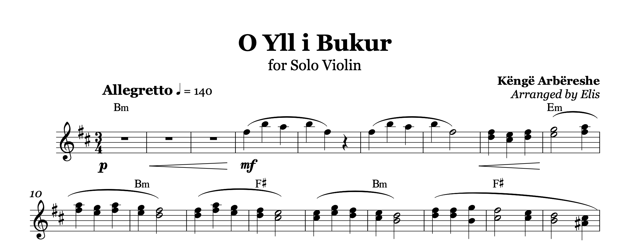 O Yll i Bukur, Albanian Violin Sheet Music