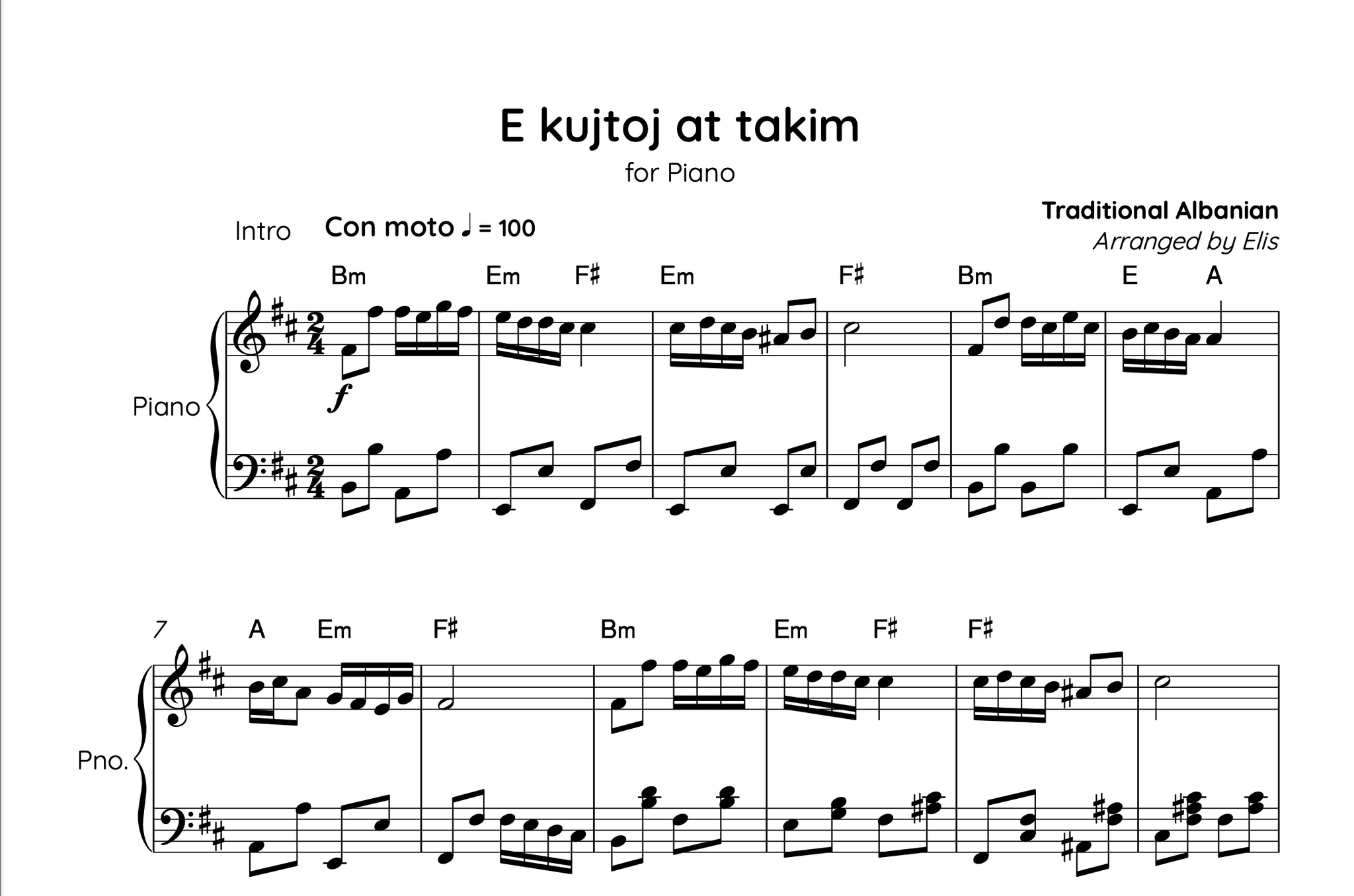 E kujtoj at takim, Piano sheet + Chords
