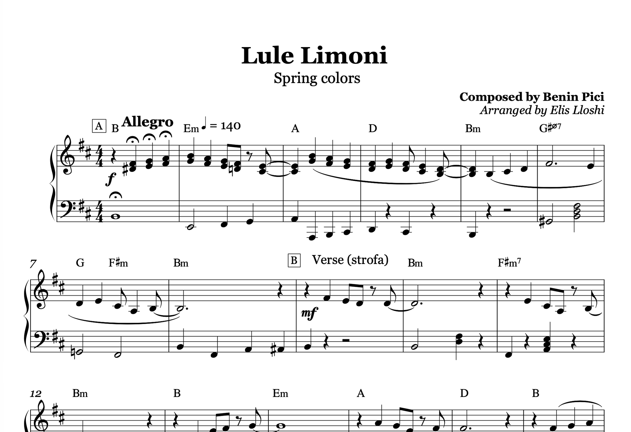 Lule Limoni – Sidrit Bejleri Piano Sheet Music PDF (Easy/Intermediate)
