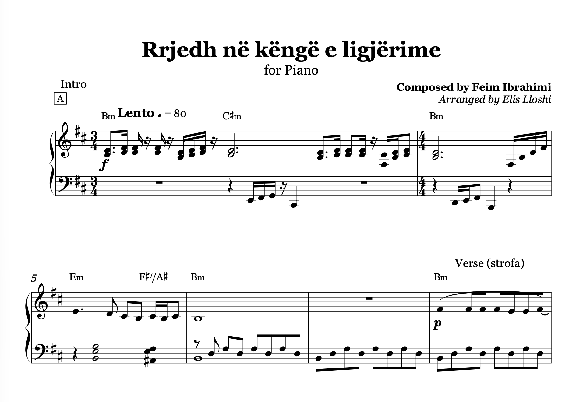 Sheet music for a piano piece titled 'Rrjedh ne kengè e ligjèrime' with musical notation and composer details. Key Bm