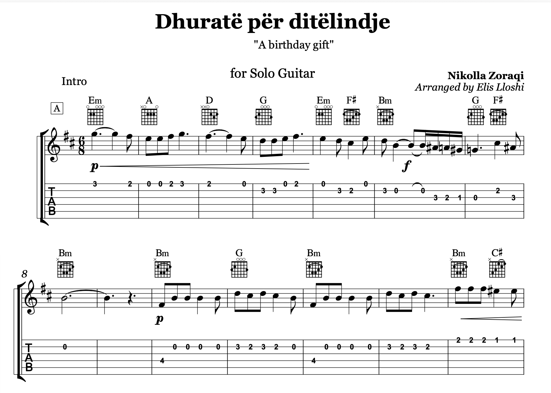 Dhuratë për ditëlindje, Albanian Guitar Sheet Music