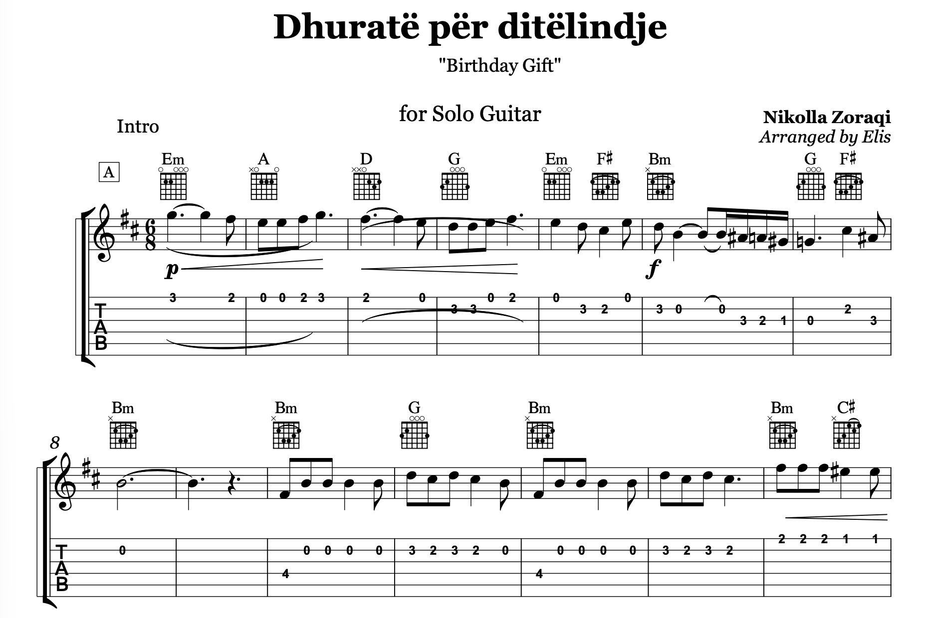 Dhuratë për ditëlindje, Guitar sheet + Chords