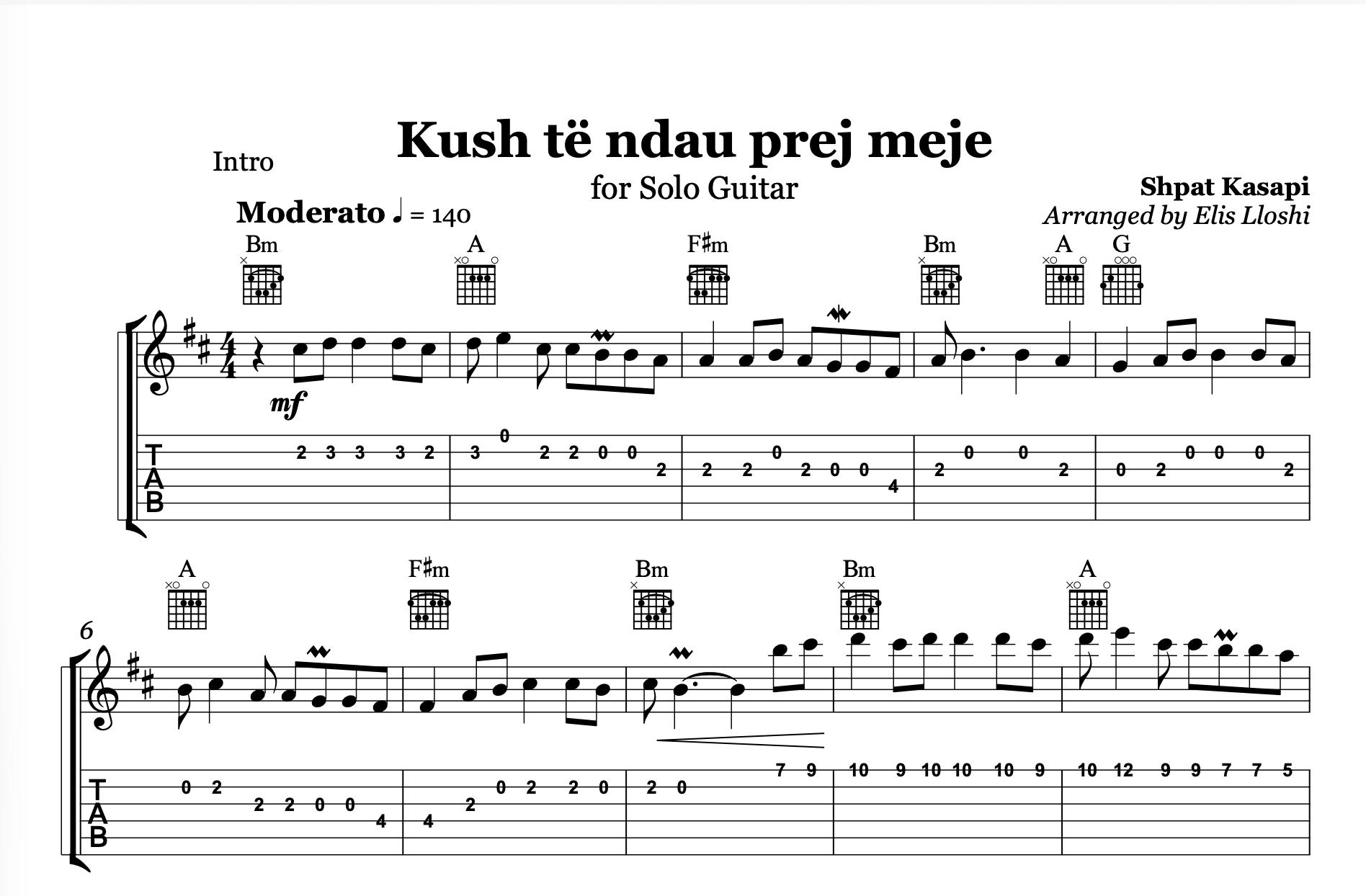 Kush të ndau prej meje, Albanian Guitar Sheet Music