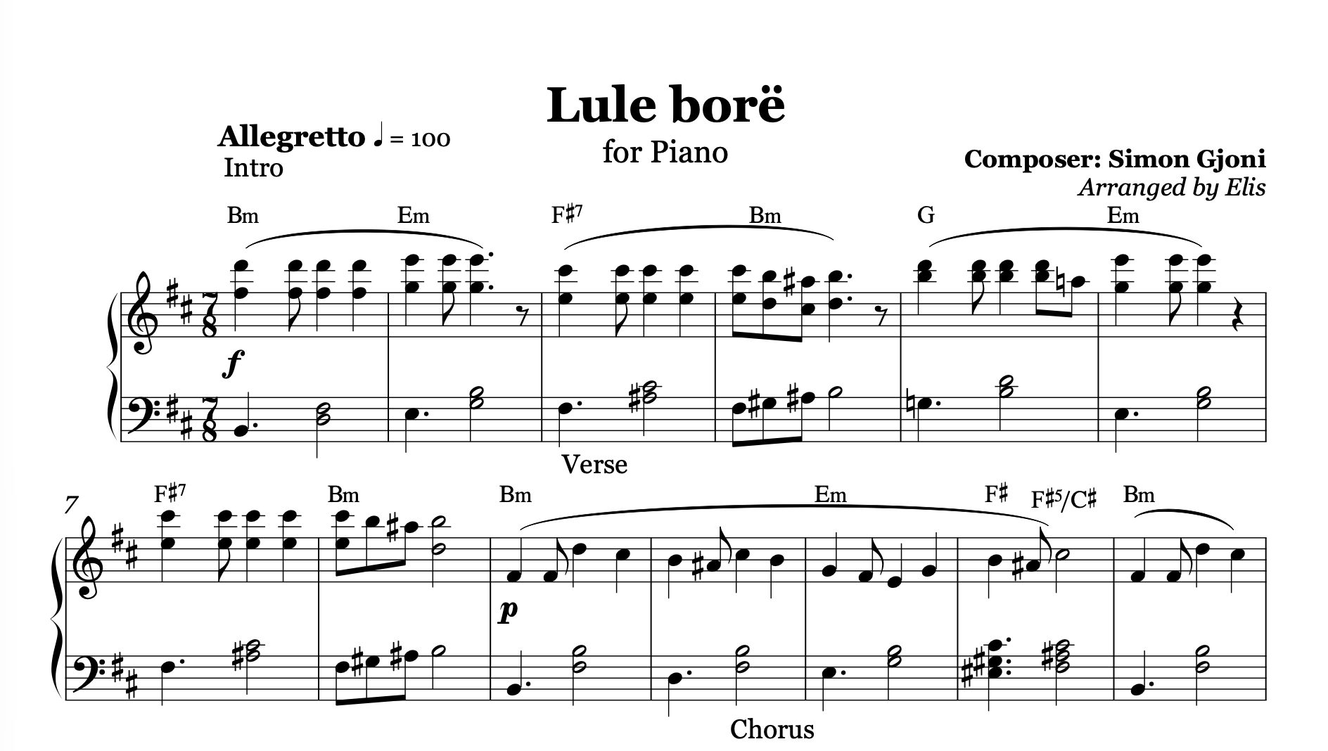 Lule Bore, Piano Sheet Music and Chords