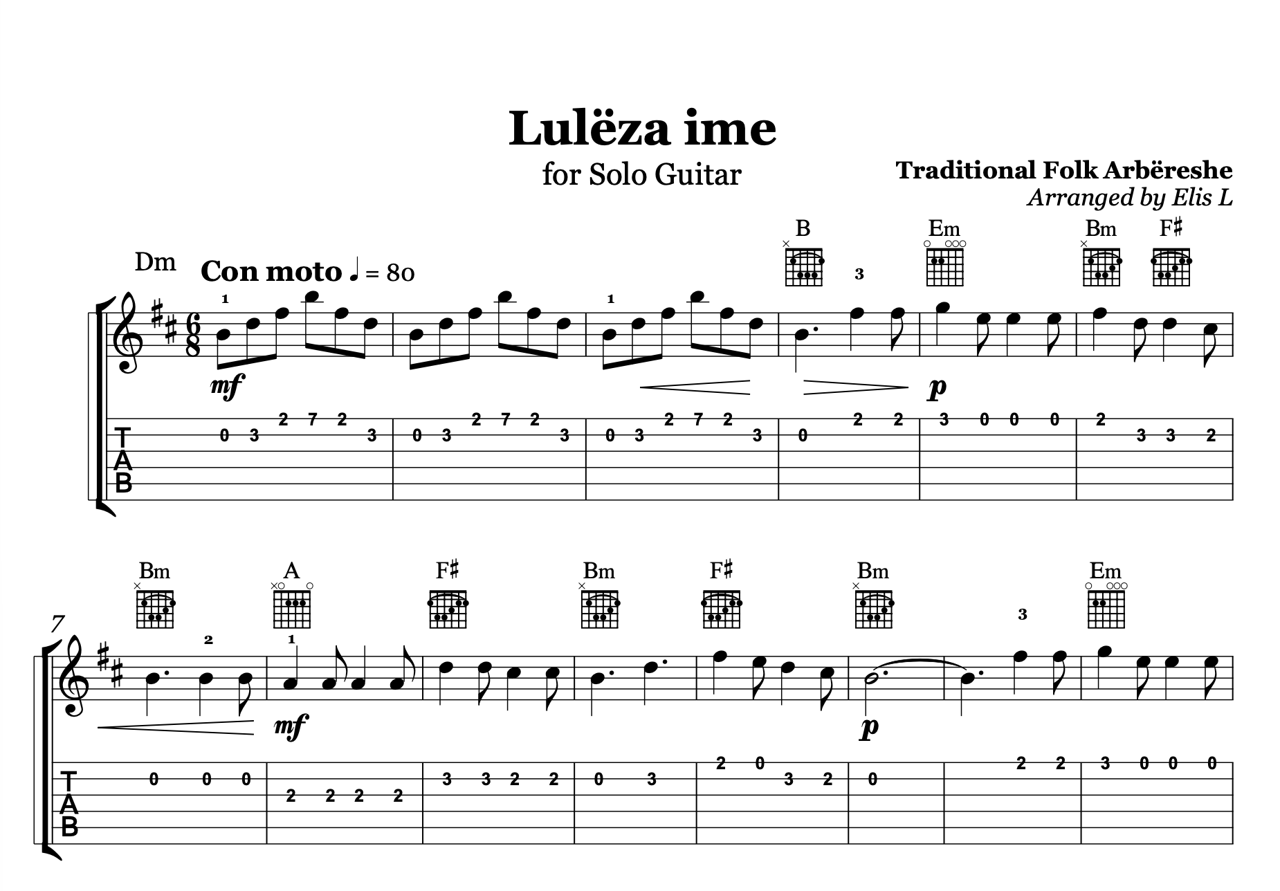 Lulëzo Lulëza ime, Albanian Guitar Sheet Music