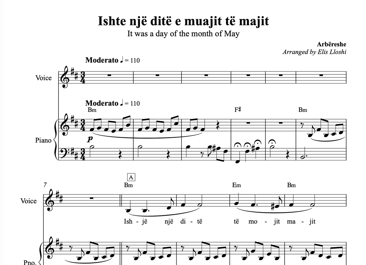 Ishte një ditë e muajit të majit - Arbëreshe - Piano and Voice Sheet Music