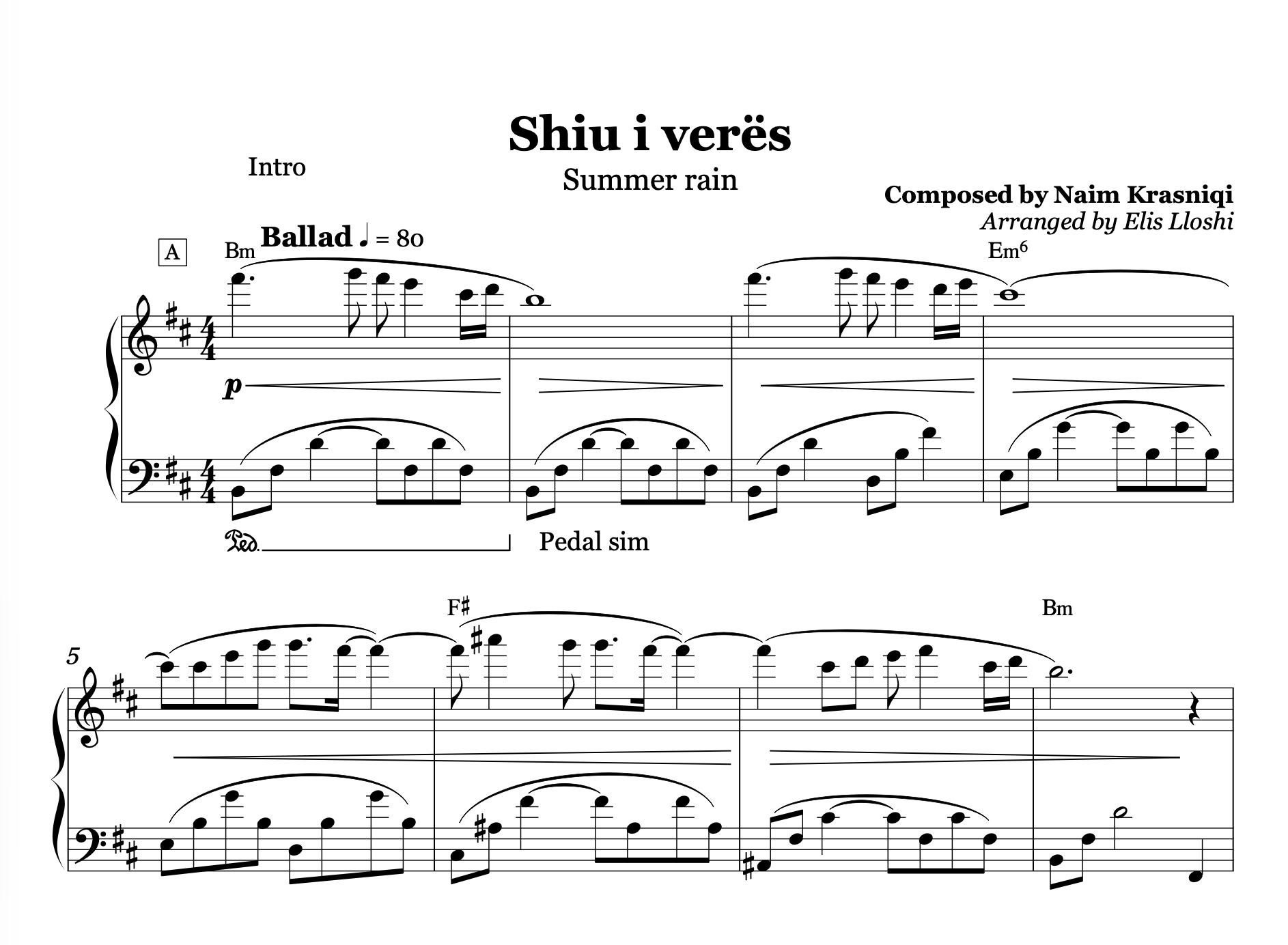 Shiu i verës, Albanian Piano Sheet Music