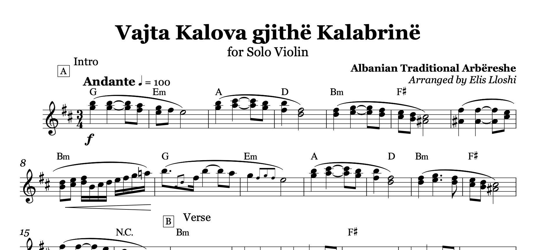 Vajta kalova gjithë Kalabrinë - Lule lule macë macë, Albanian Violin Sheet Music