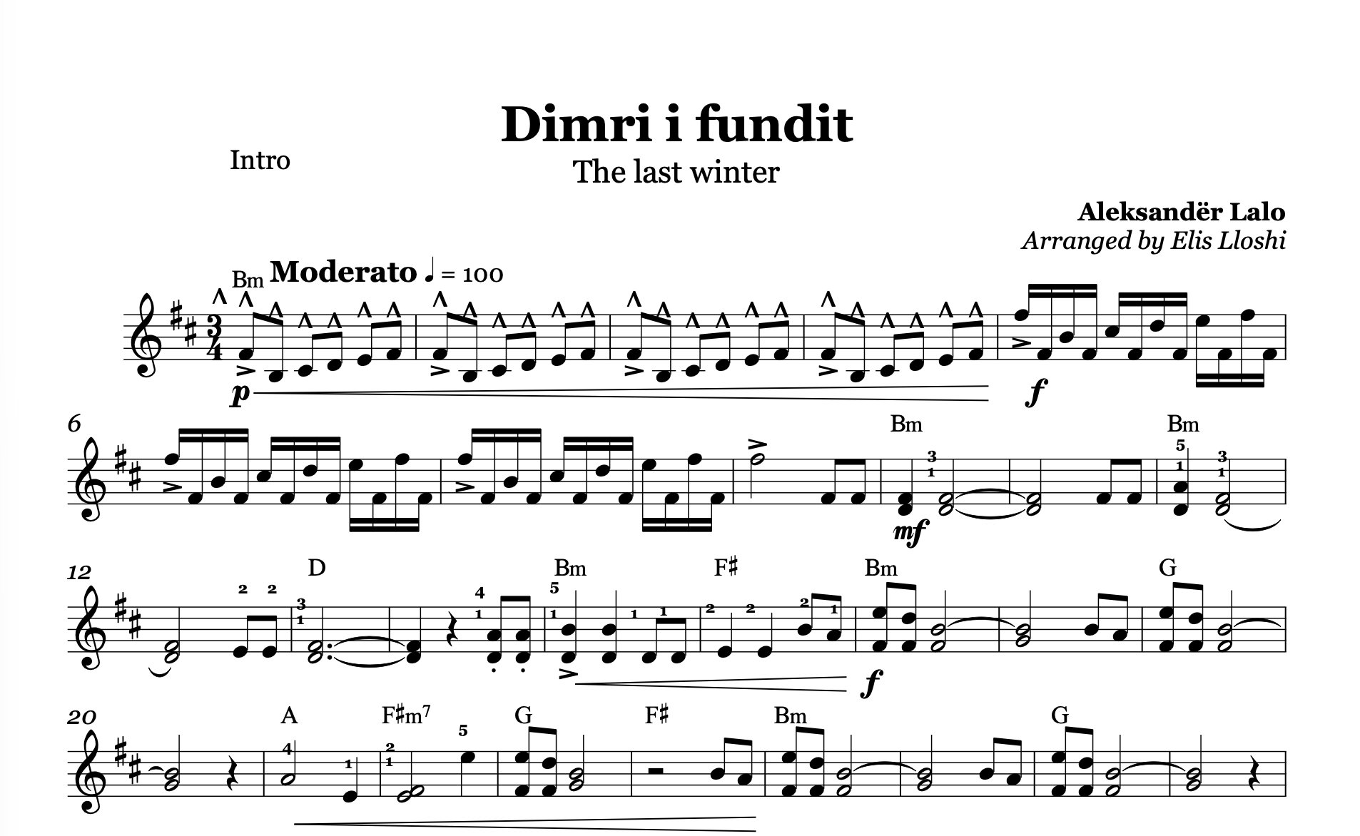 Dimri i fundit,  Albanian Violin Sheet Music