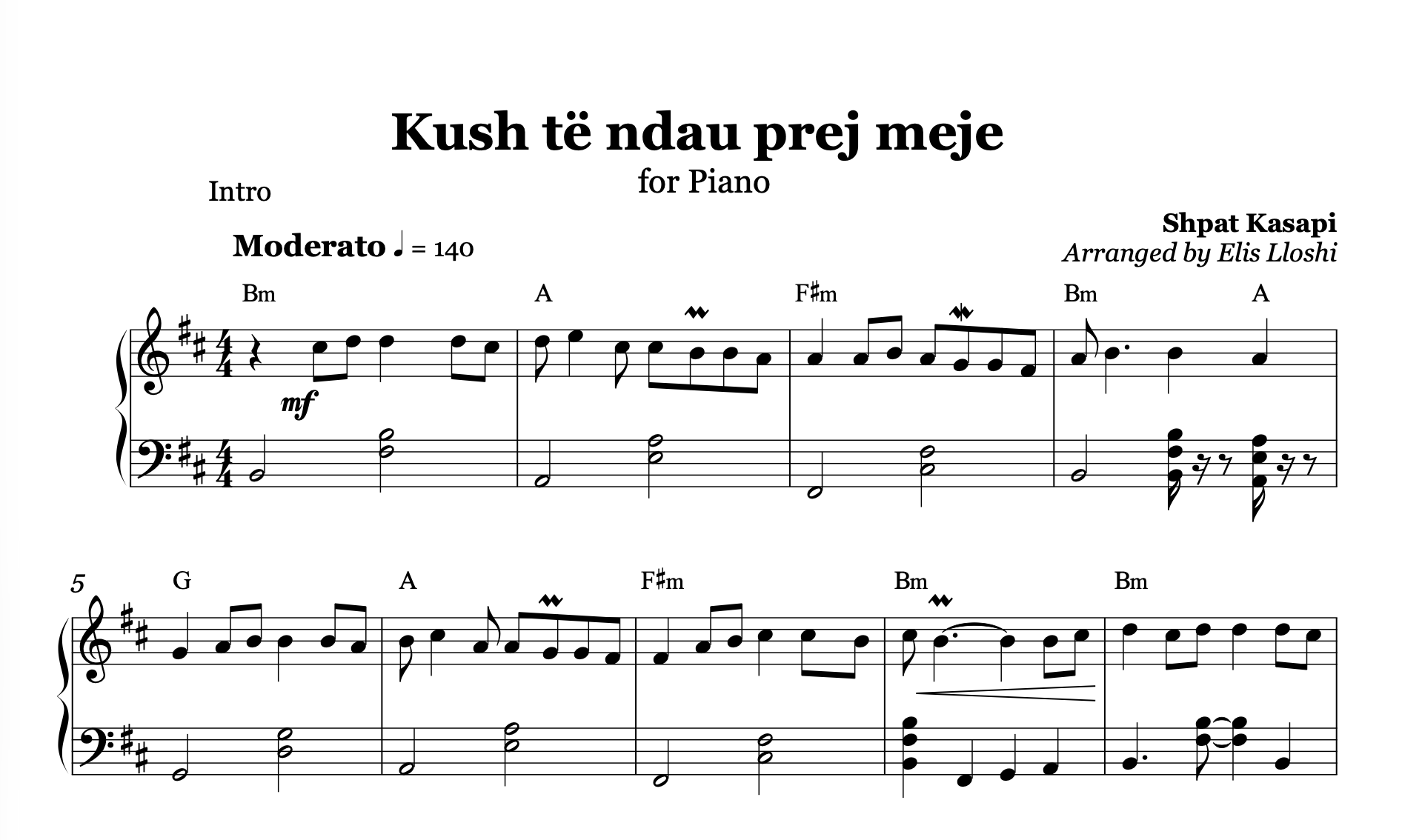 Kush të ndau prej meje, Albanian Piano Sheet Music