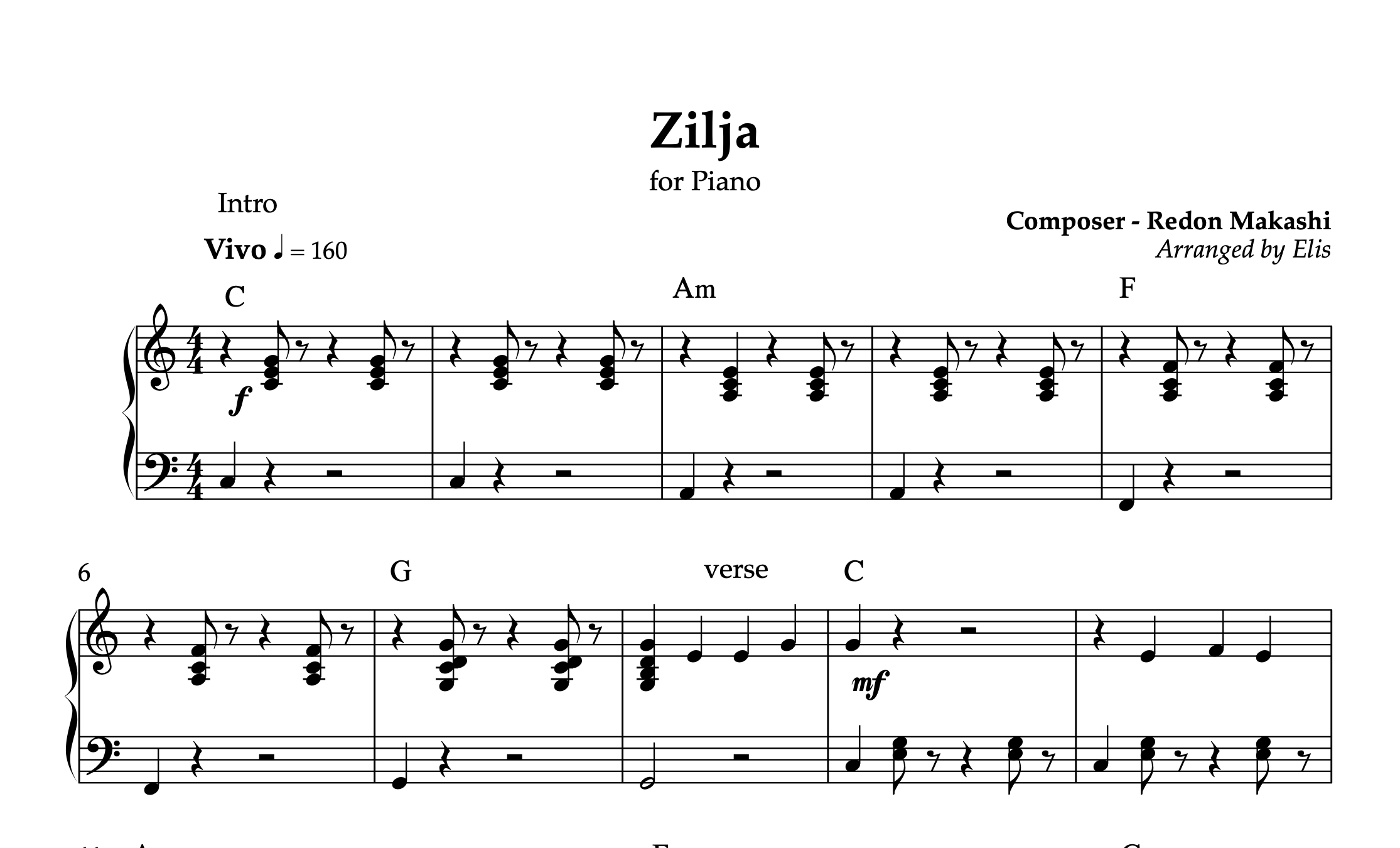 Zilja, Piano sheet + chords
