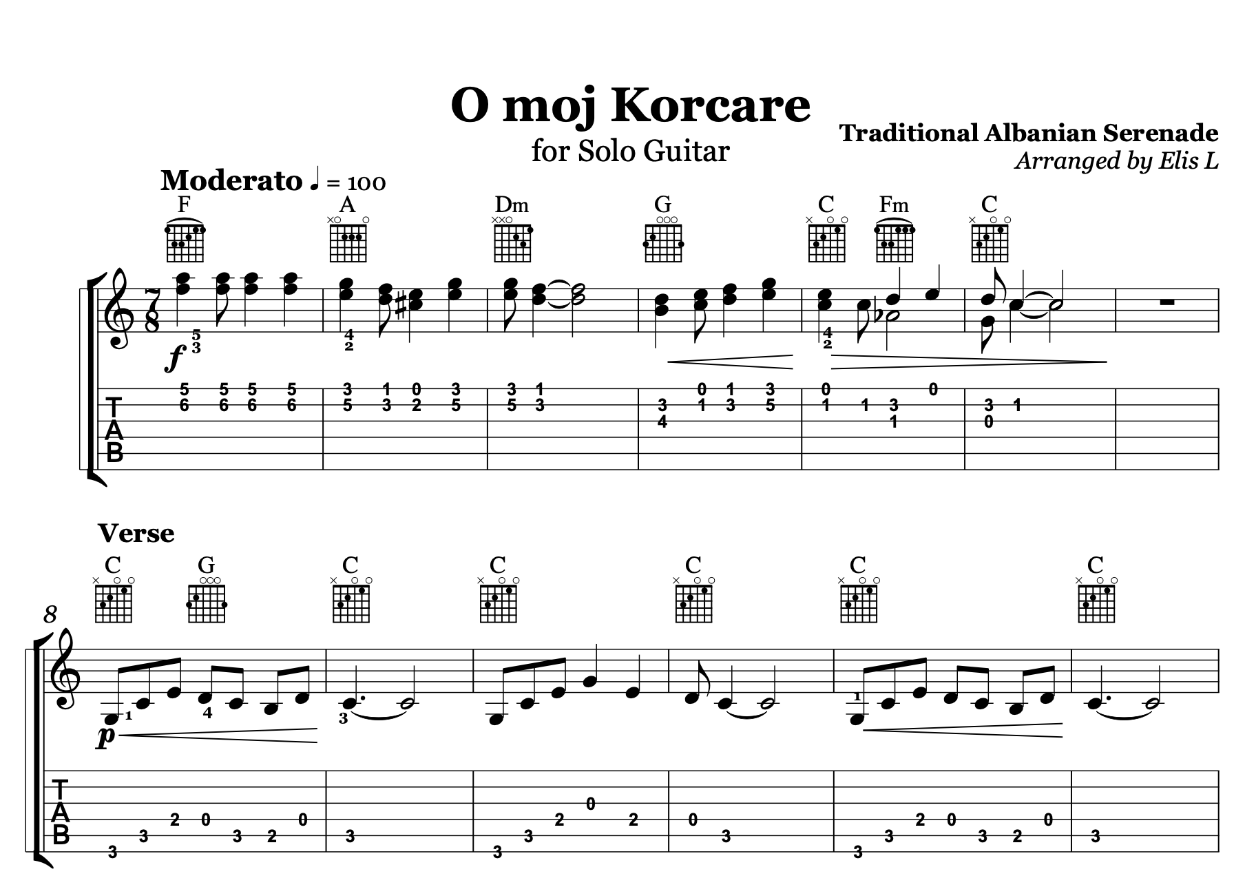 O Moj Korçare - Albanian Guitar Sheet Music