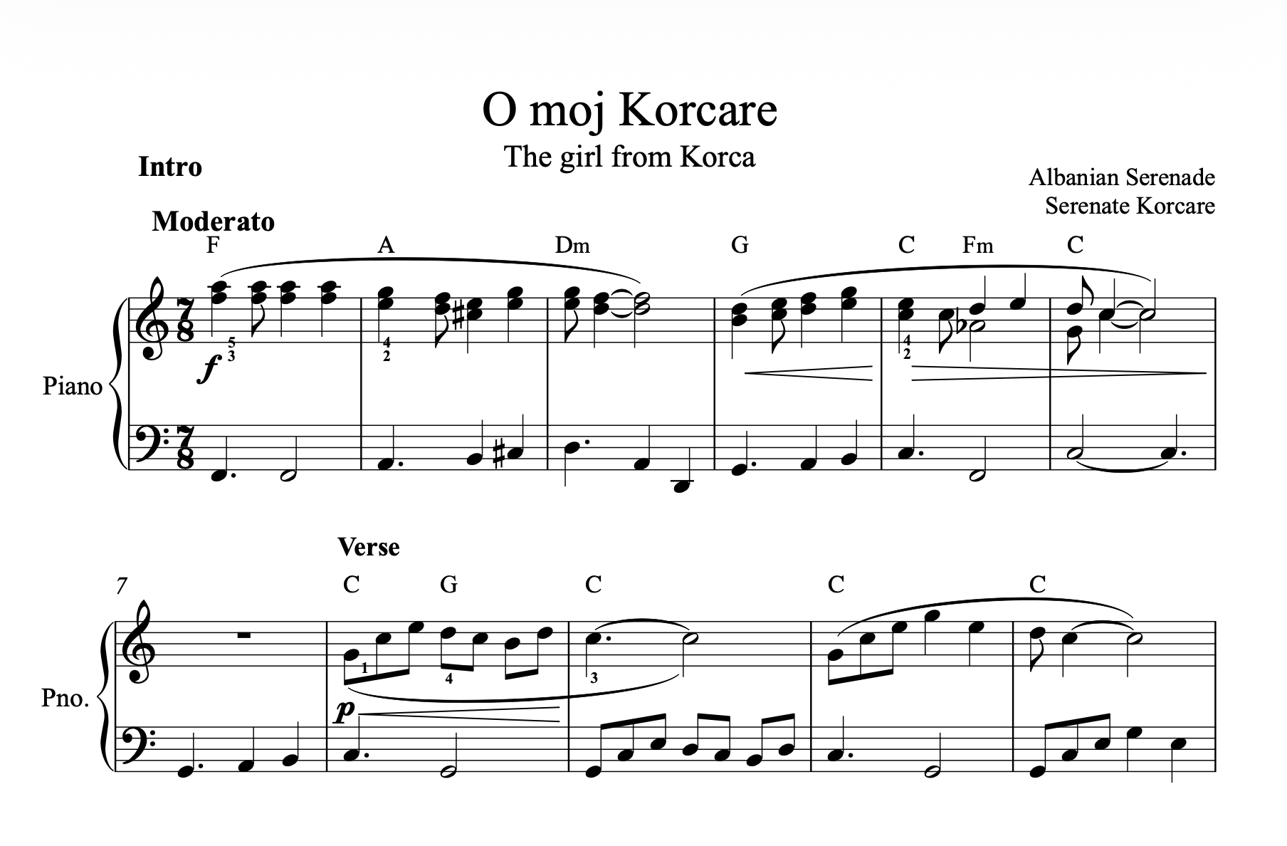 O moj Korcare, Albanian Piano Sheet Music