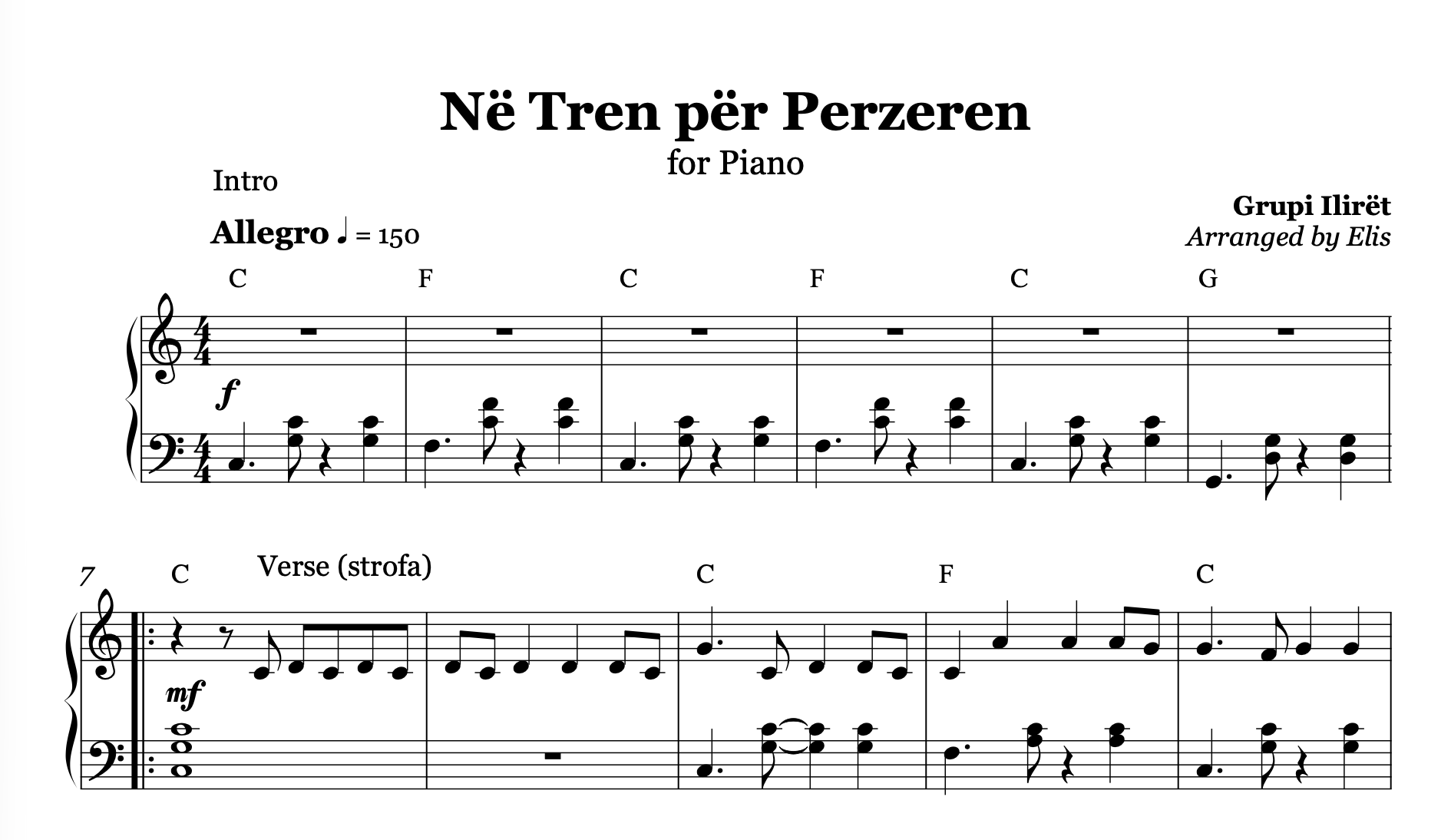 Sheet music for 'Nè Tren pèr Perzeren' arranged by Elis for piano.