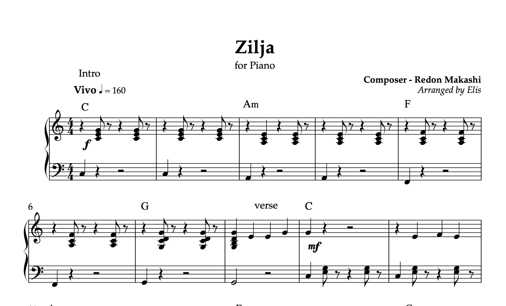 Zilja, Piano sheet + chords