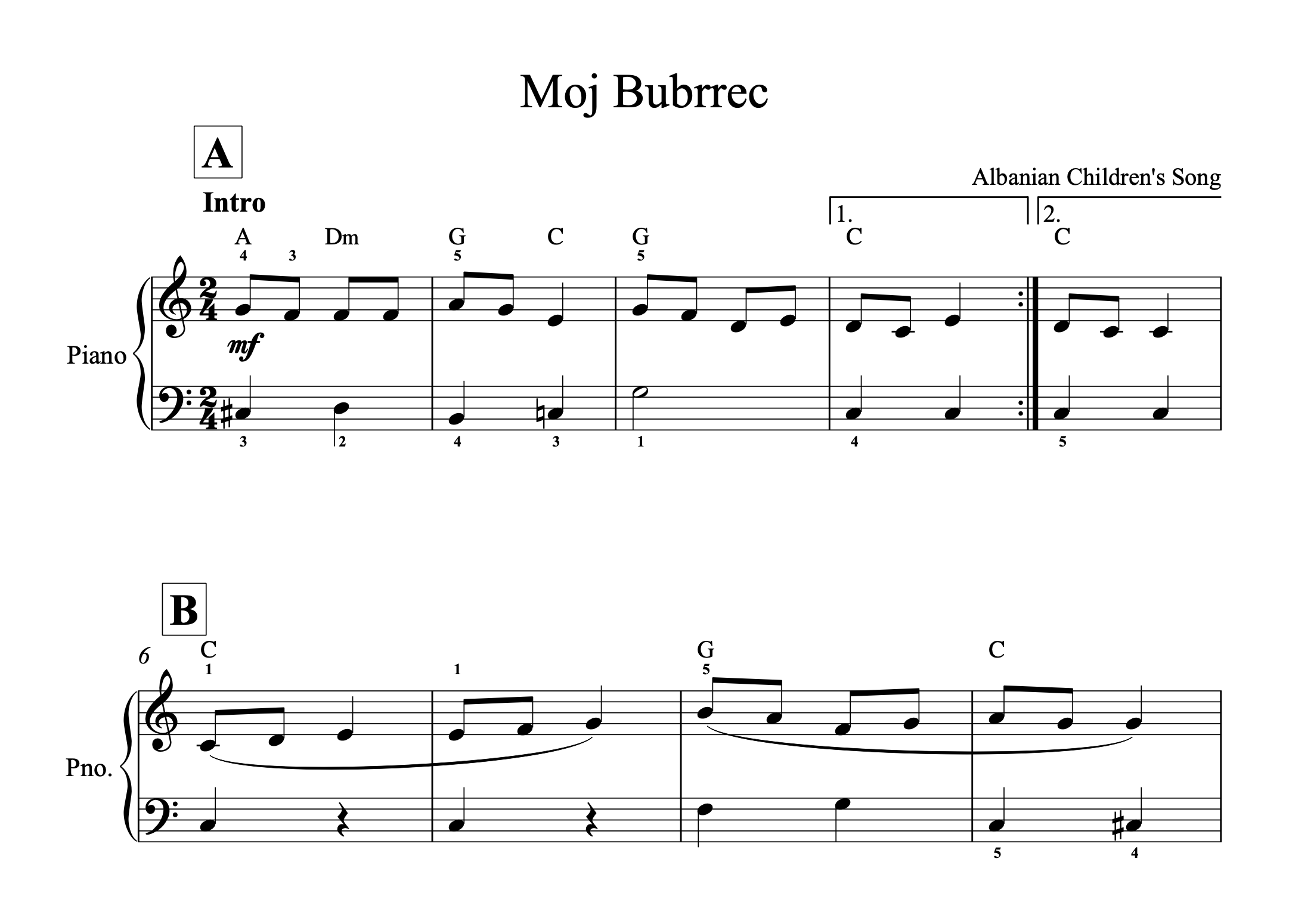 Sheet music for 'Moj Bubrrec' with piano notation on a white background