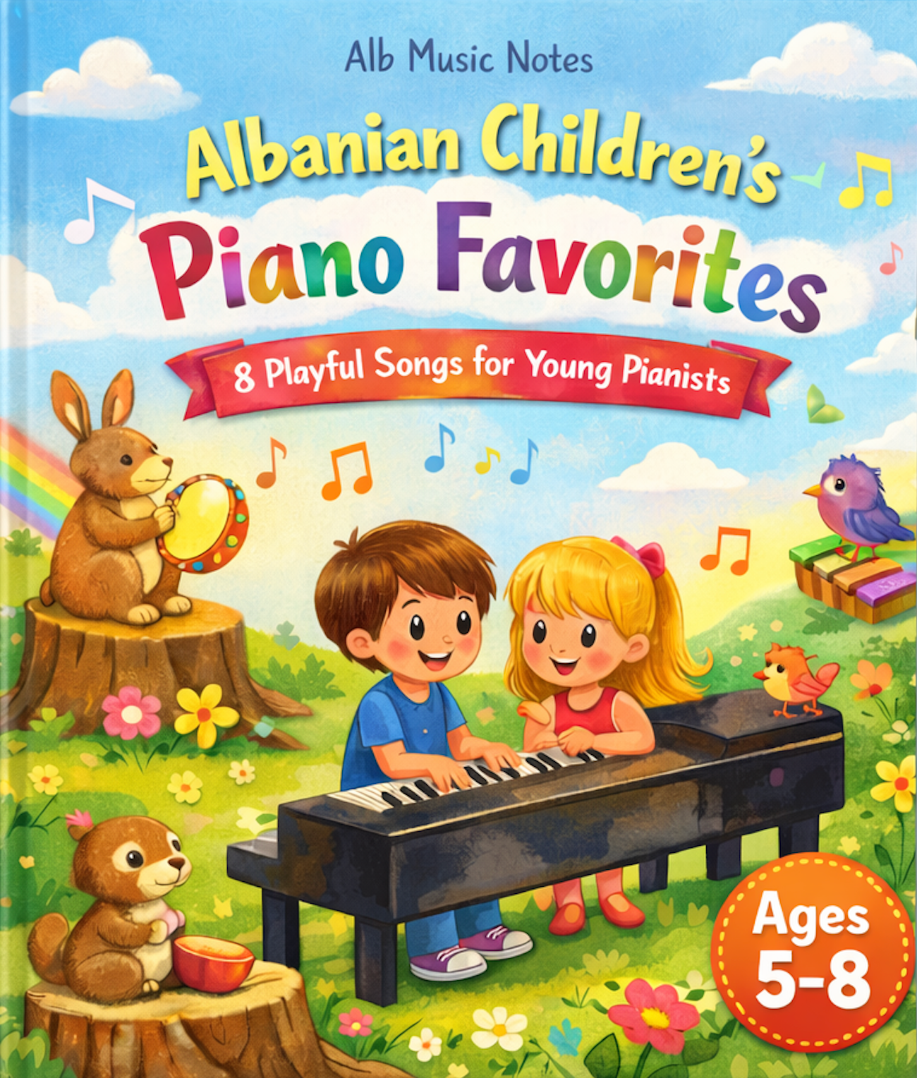 Book cover of 'Albanian Children's Piano Favorites' with two children playing piano, surrounded by animals and nature.
