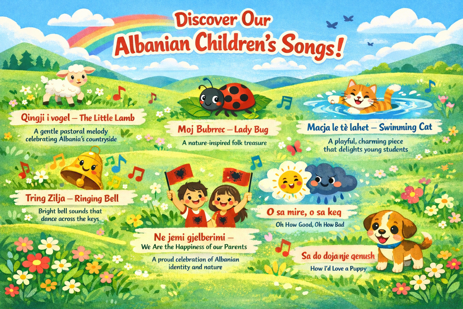Children's song poster with colorful illustrations and text on a green landscape background.
