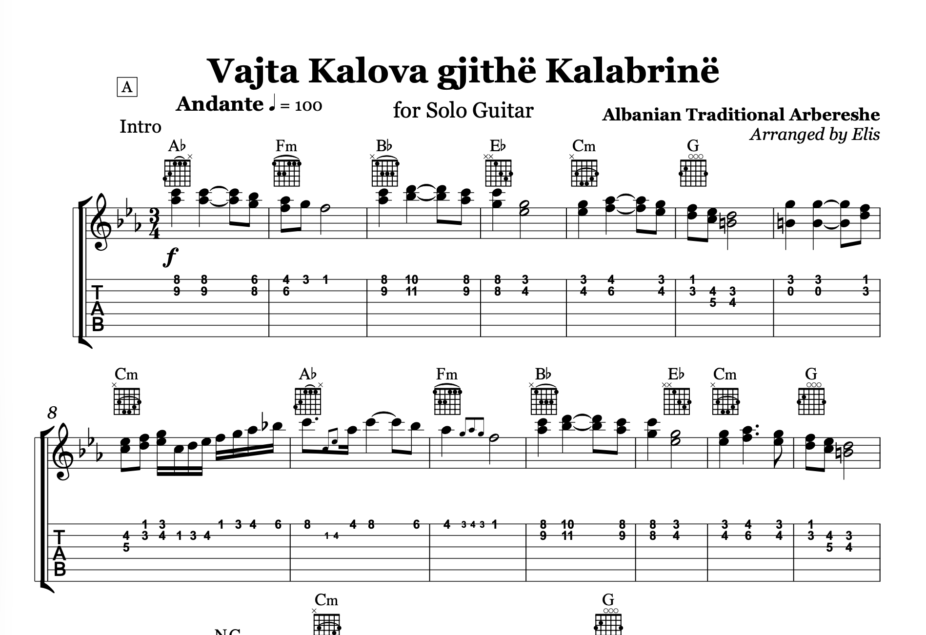 Vajta kalova gjithë Kalabrinë - Lule lule macë macë, Albanian Guitar Sheet Music
