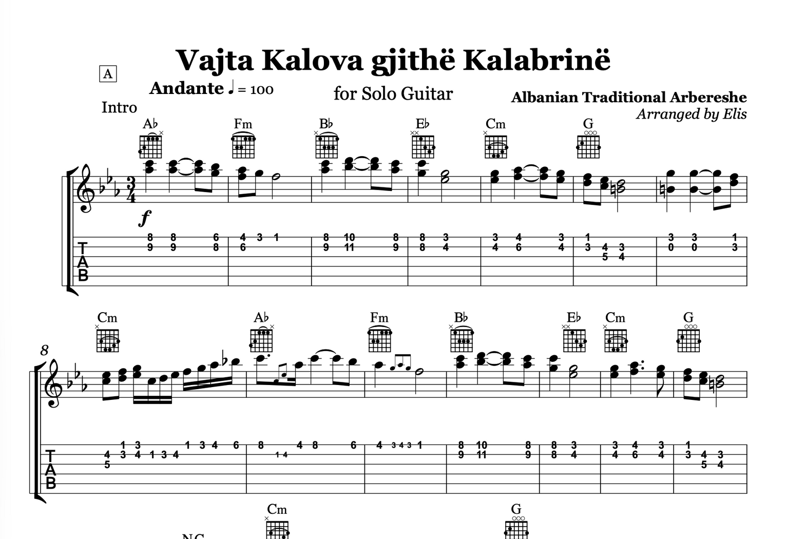 Vajta kalova gjithë Kalabrinë - Lule lule macë macë, Guitar Sheet Music and Chords