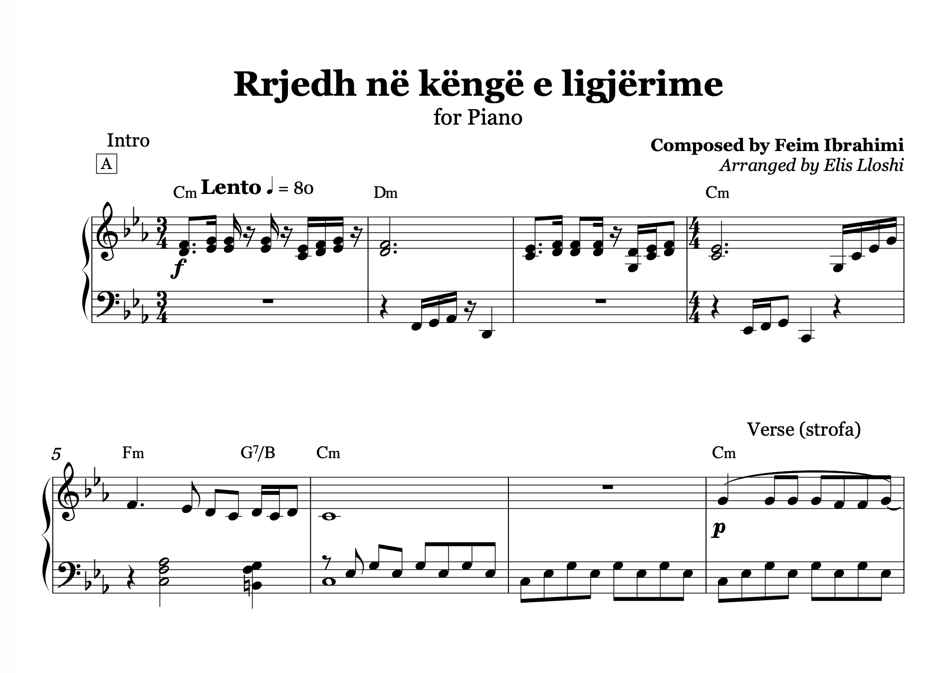 Sheet music for a piano piece titled 'Rrjedh ne keng e ligjerime' with musical notation and composer details. Key of Cm