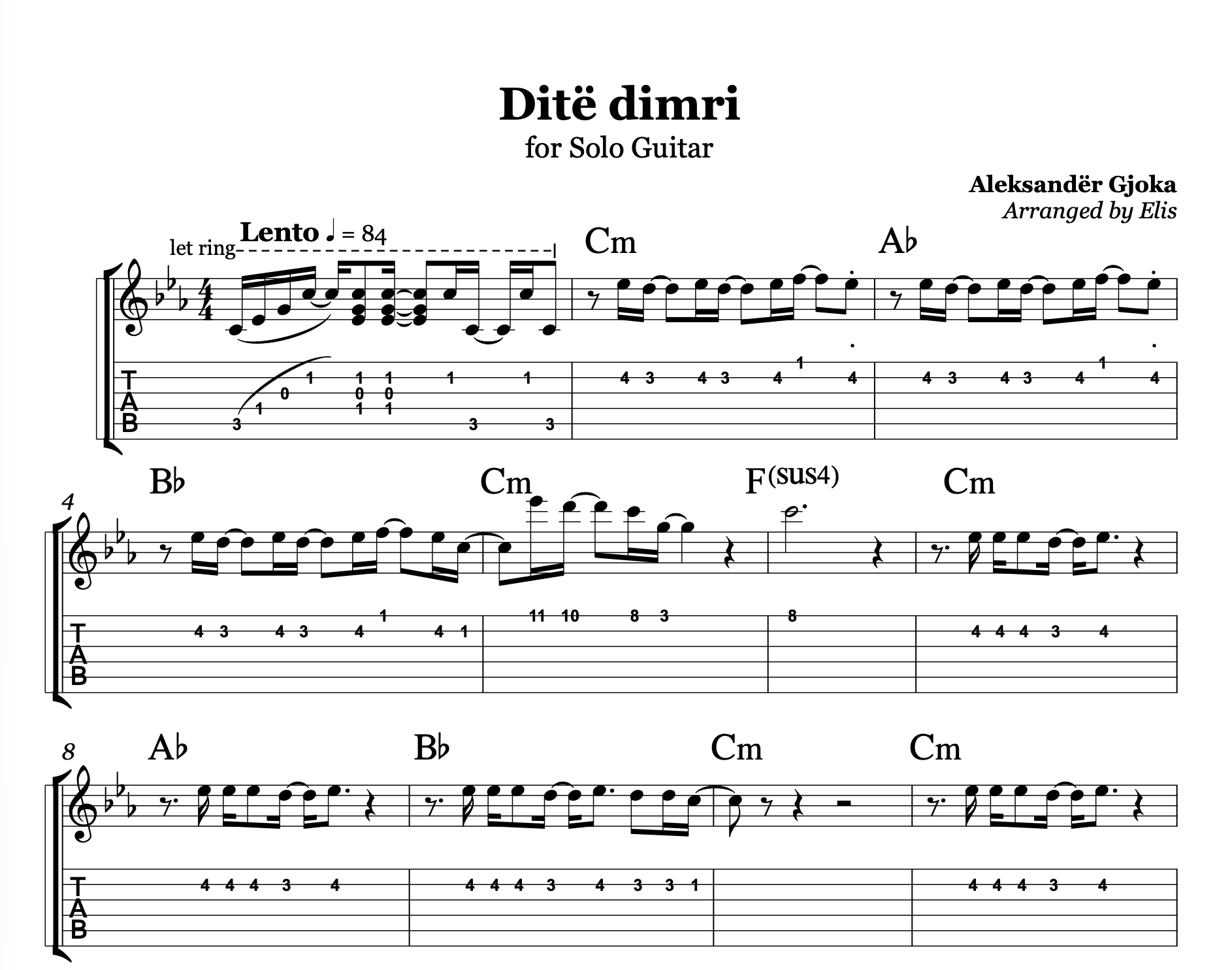 Ditë dimri, Albanian Guitar Sheet Music
