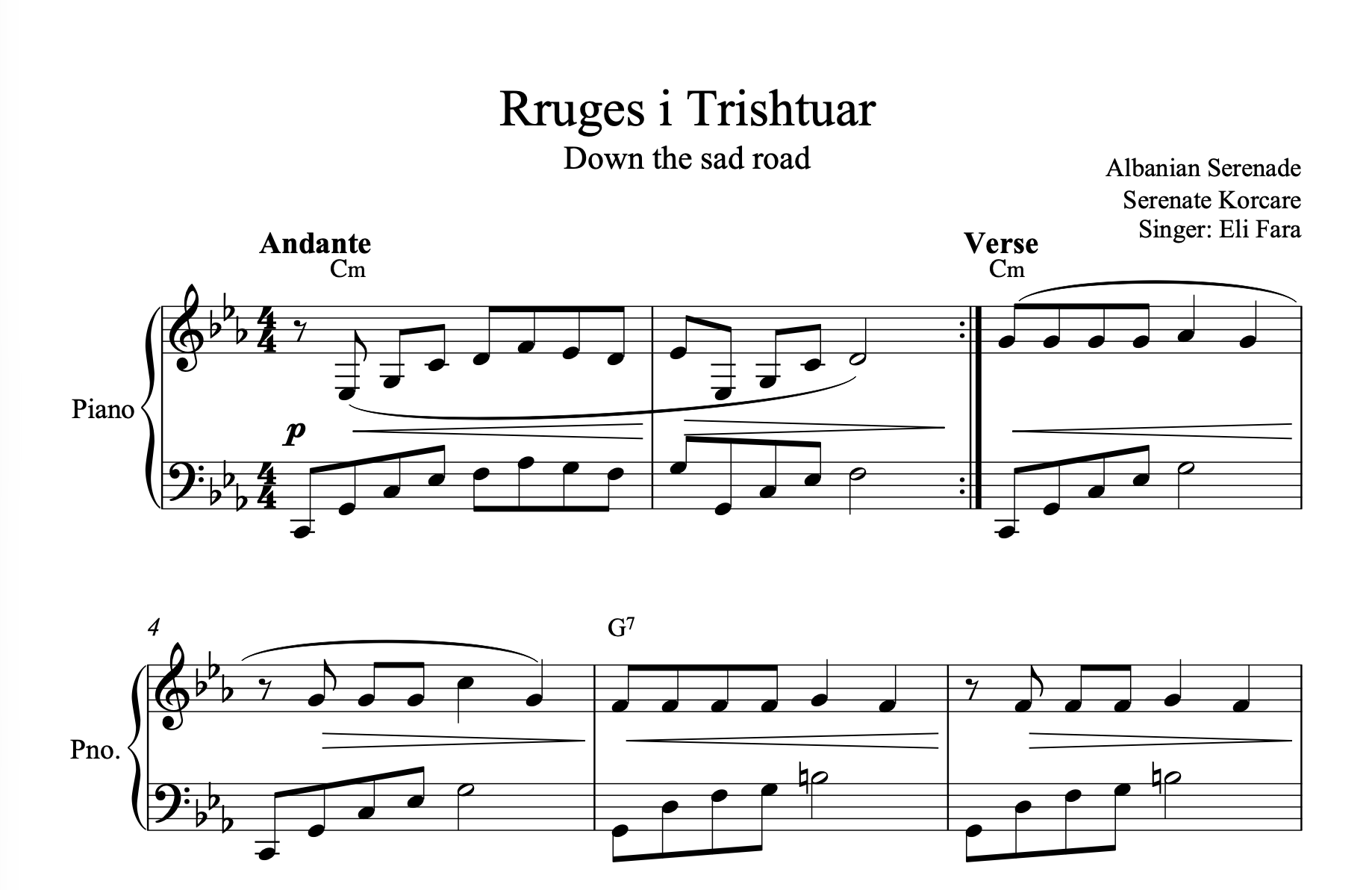 Rruges i trishtuar, Piano Sheet Music and Chords