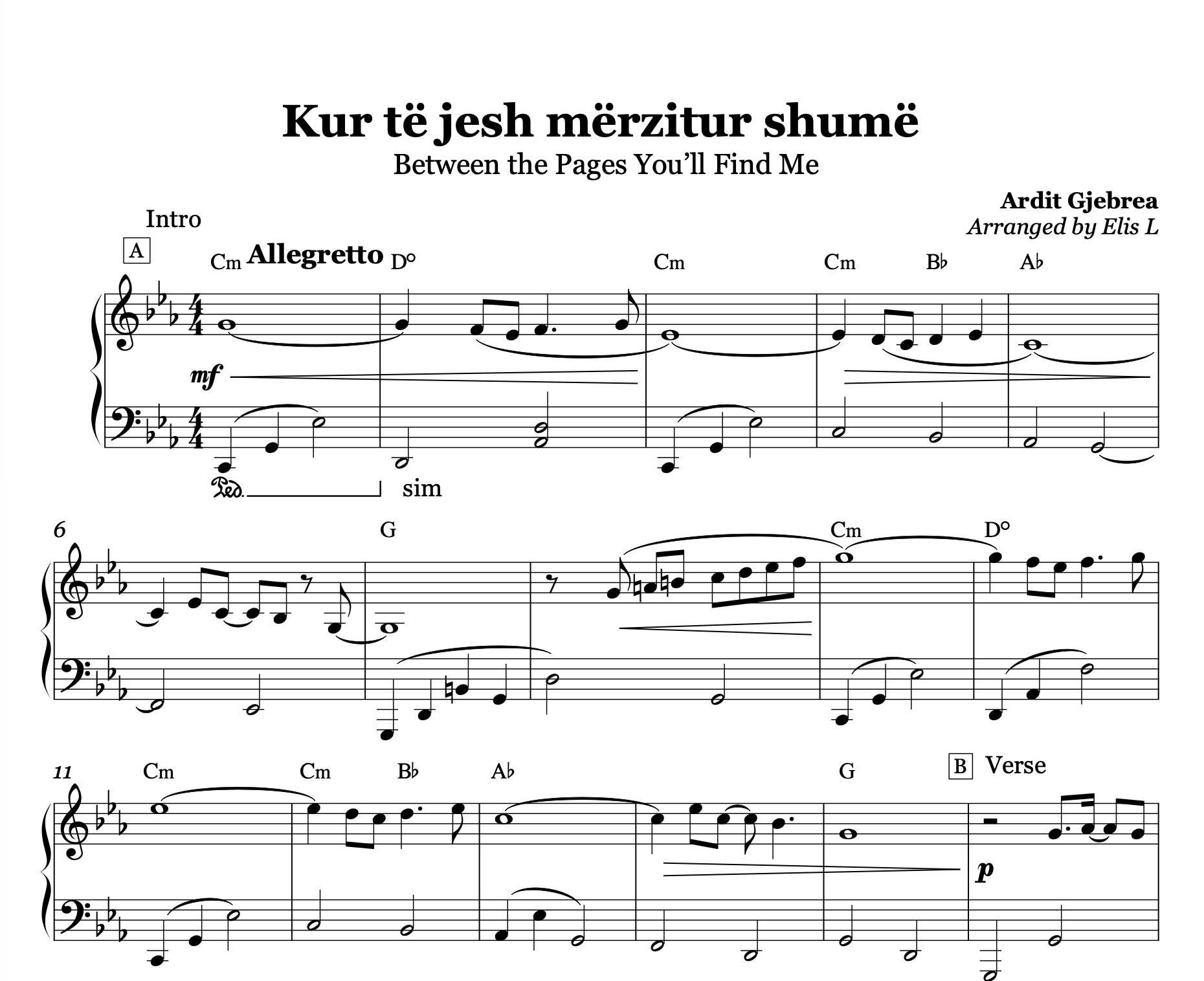 Kur të jesh mërzitur shumë, Albanian Piano Sheet Music