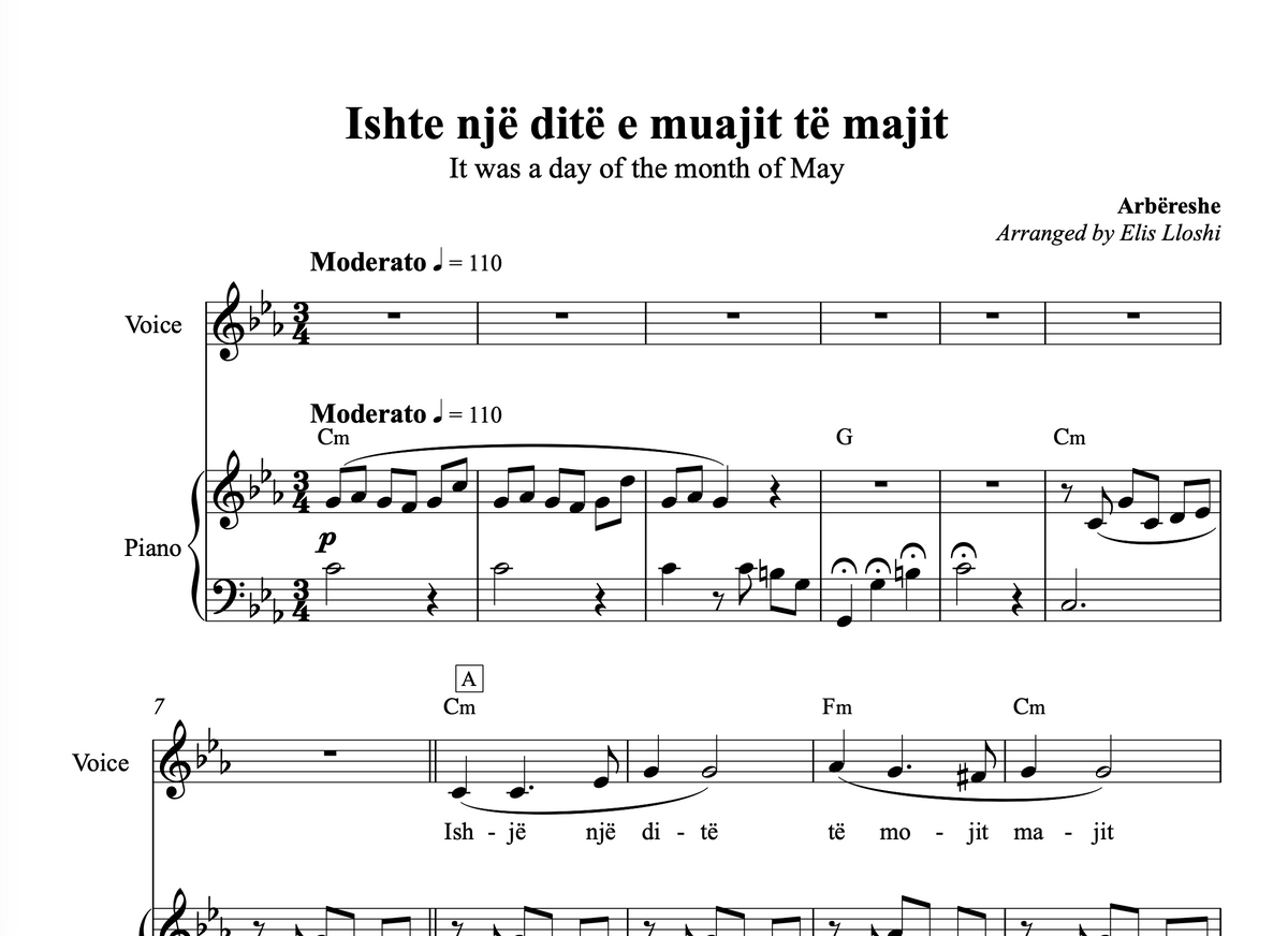 Ishte një ditë e muajit të majit - Arbëreshe - Piano and Voice Sheet Music