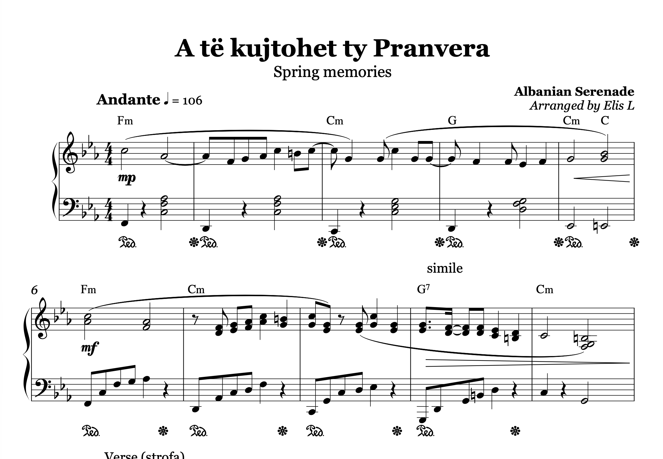 A të Kujtohet Ty Pranvera – Albanian Piano Sheet Music PDF (Classic Folk, Intermediate)