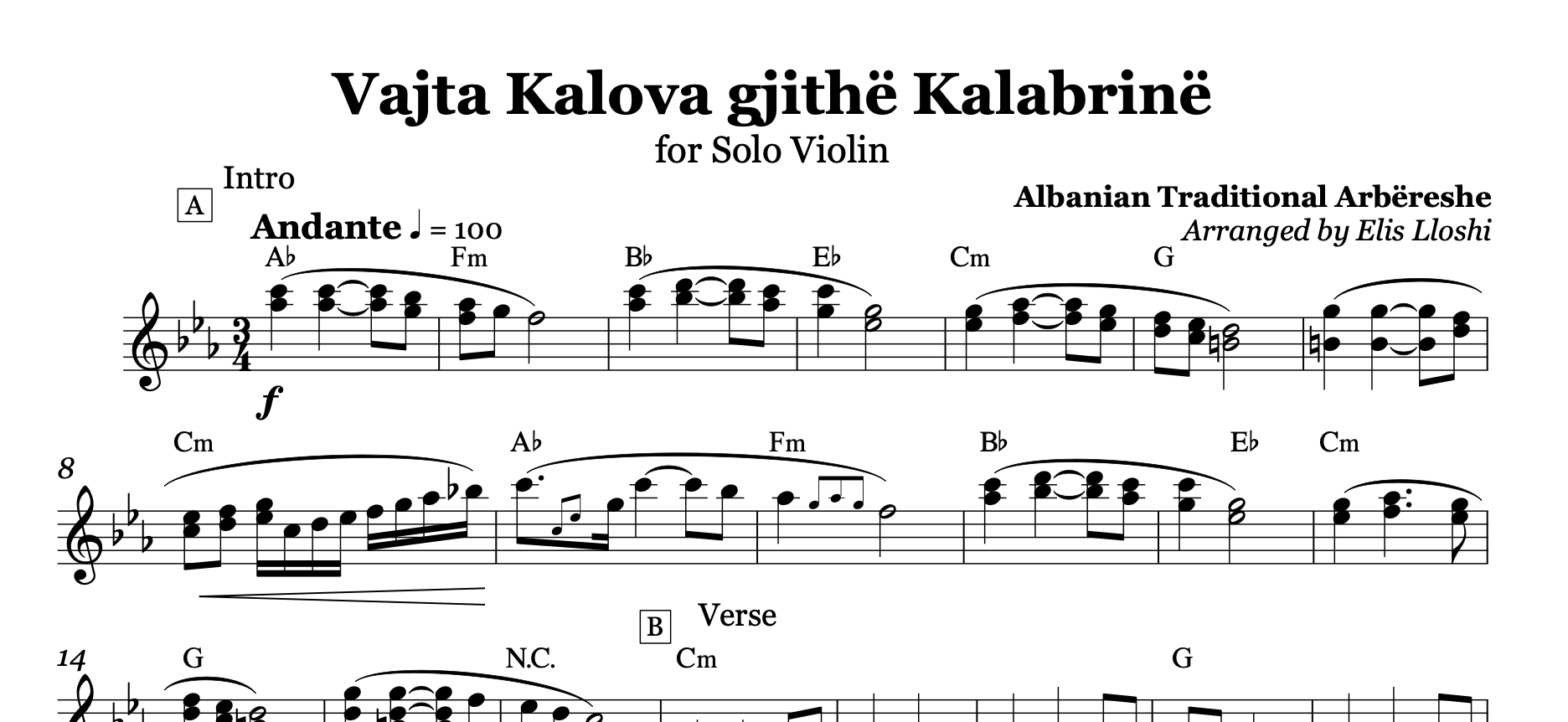 Vajta kalova gjithë Kalabrinë - Lule lule macë macë, Albanian Violin Sheet Music
