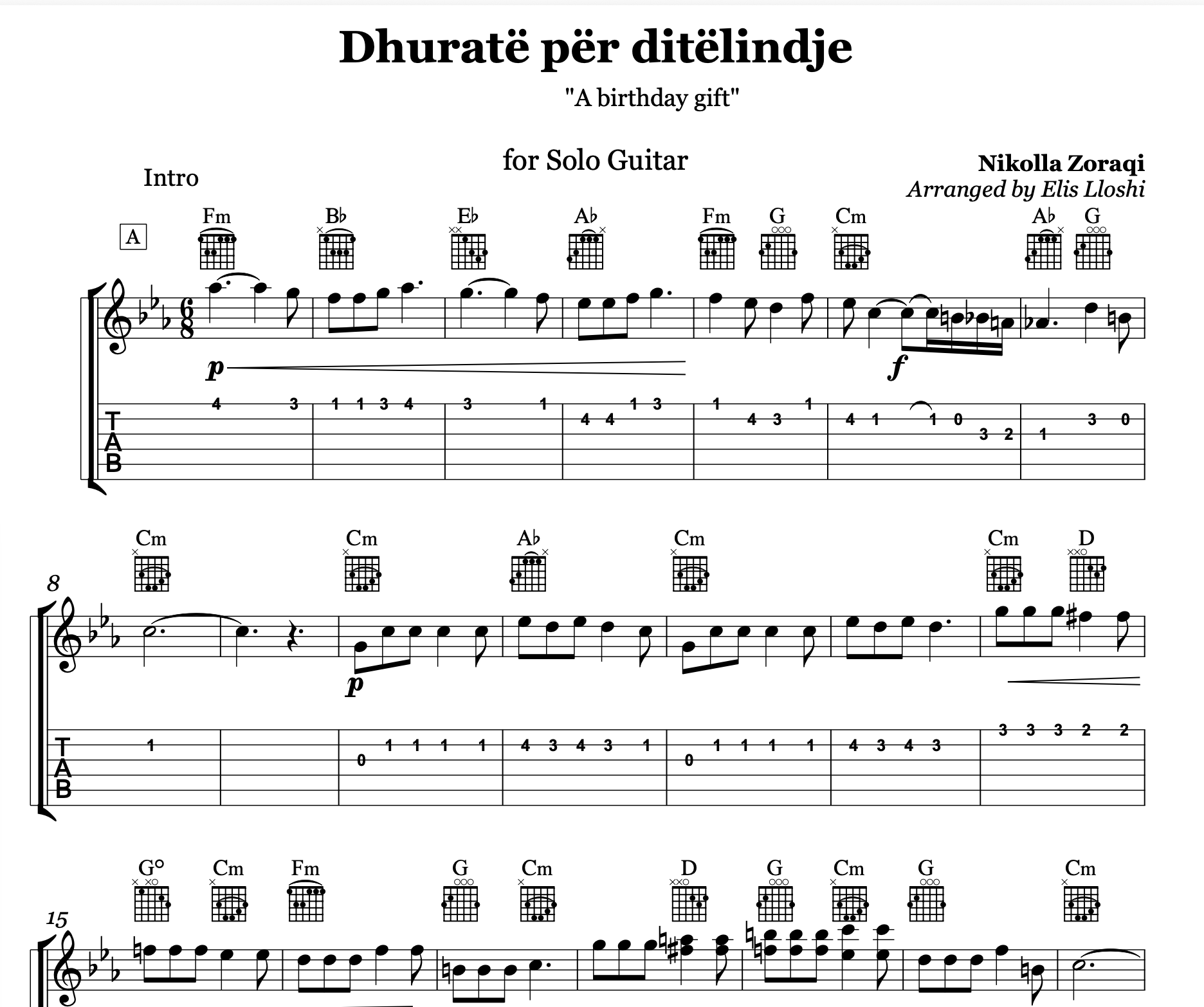 Dhuratë për ditëlindje, Albanian Guitar Sheet Music