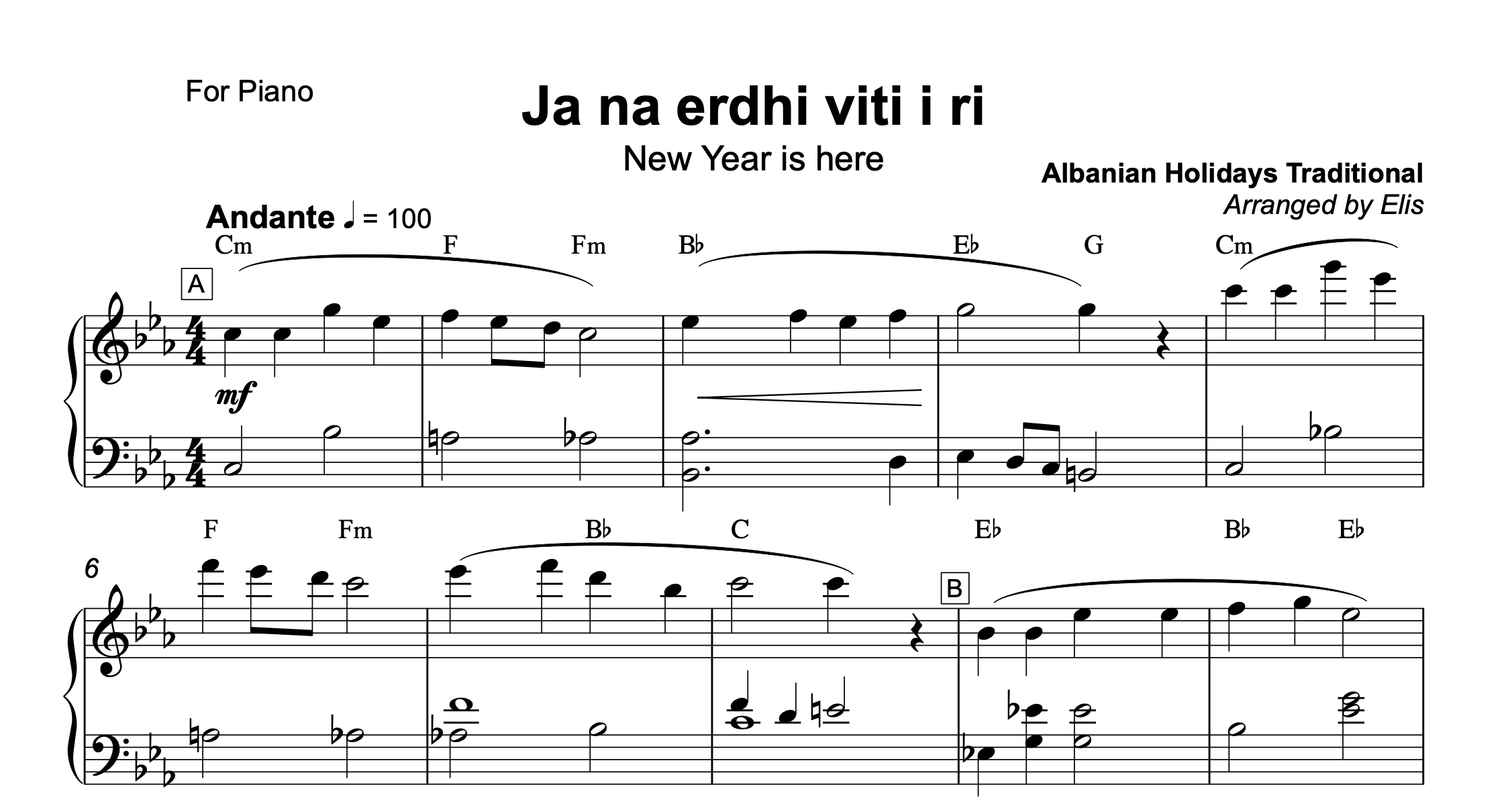 Ja na erdhi viti i ri, Piano sheet + chords