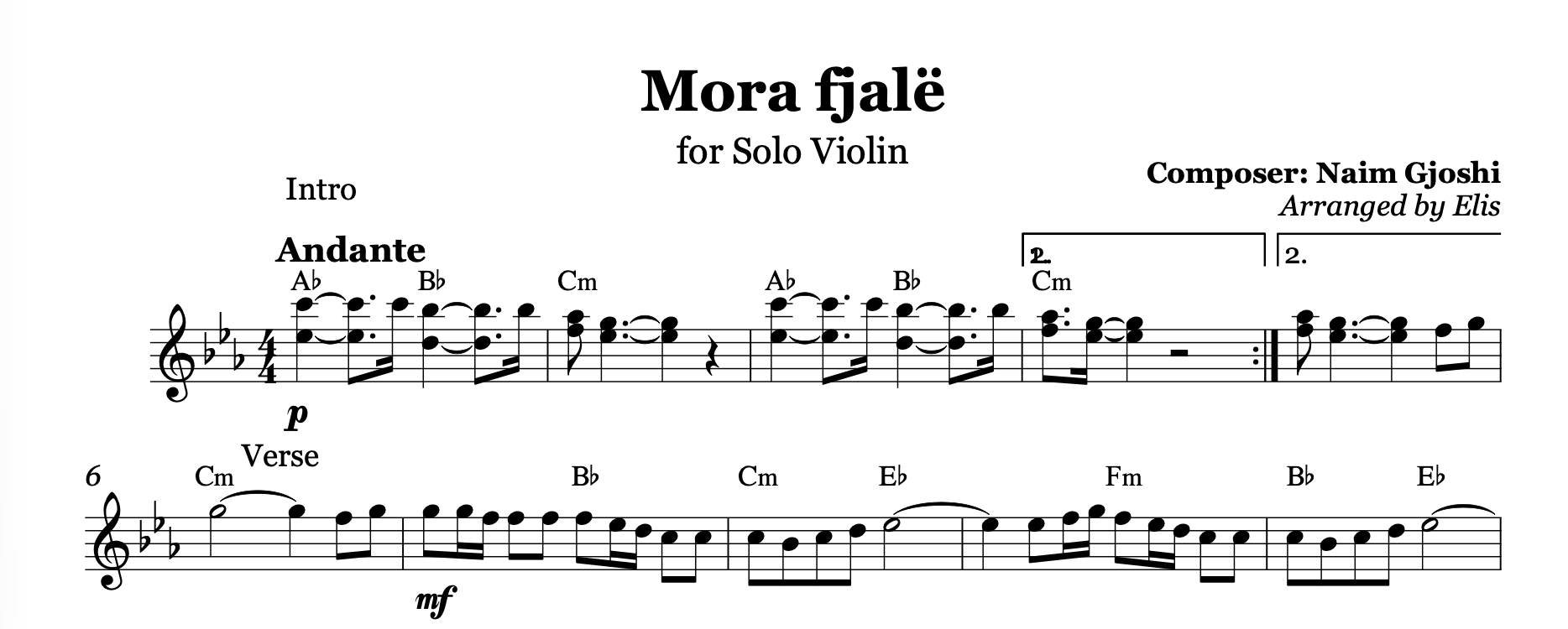 Mora fjalë, Violin Sheet Music
