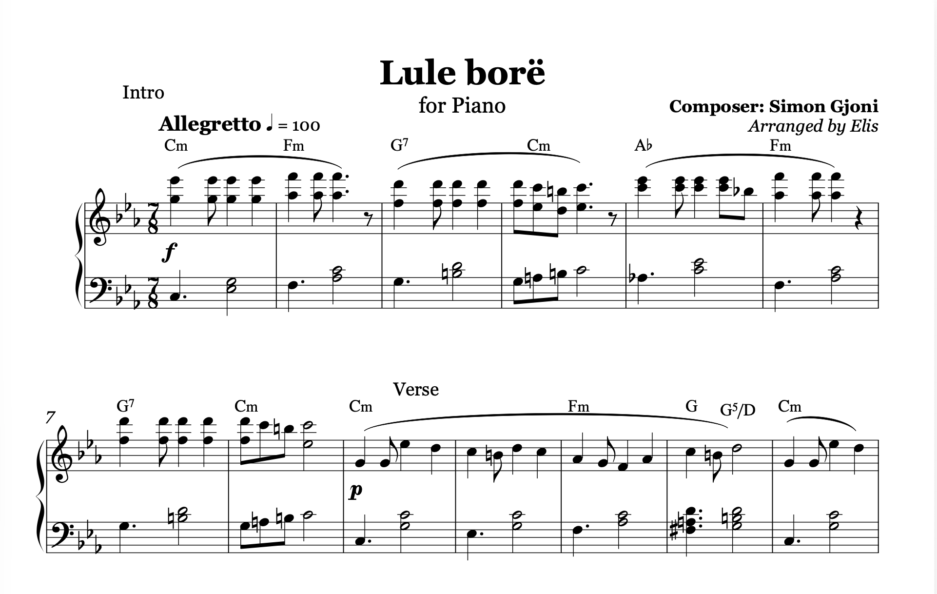Lule Bore, Piano Sheet Music and Chords