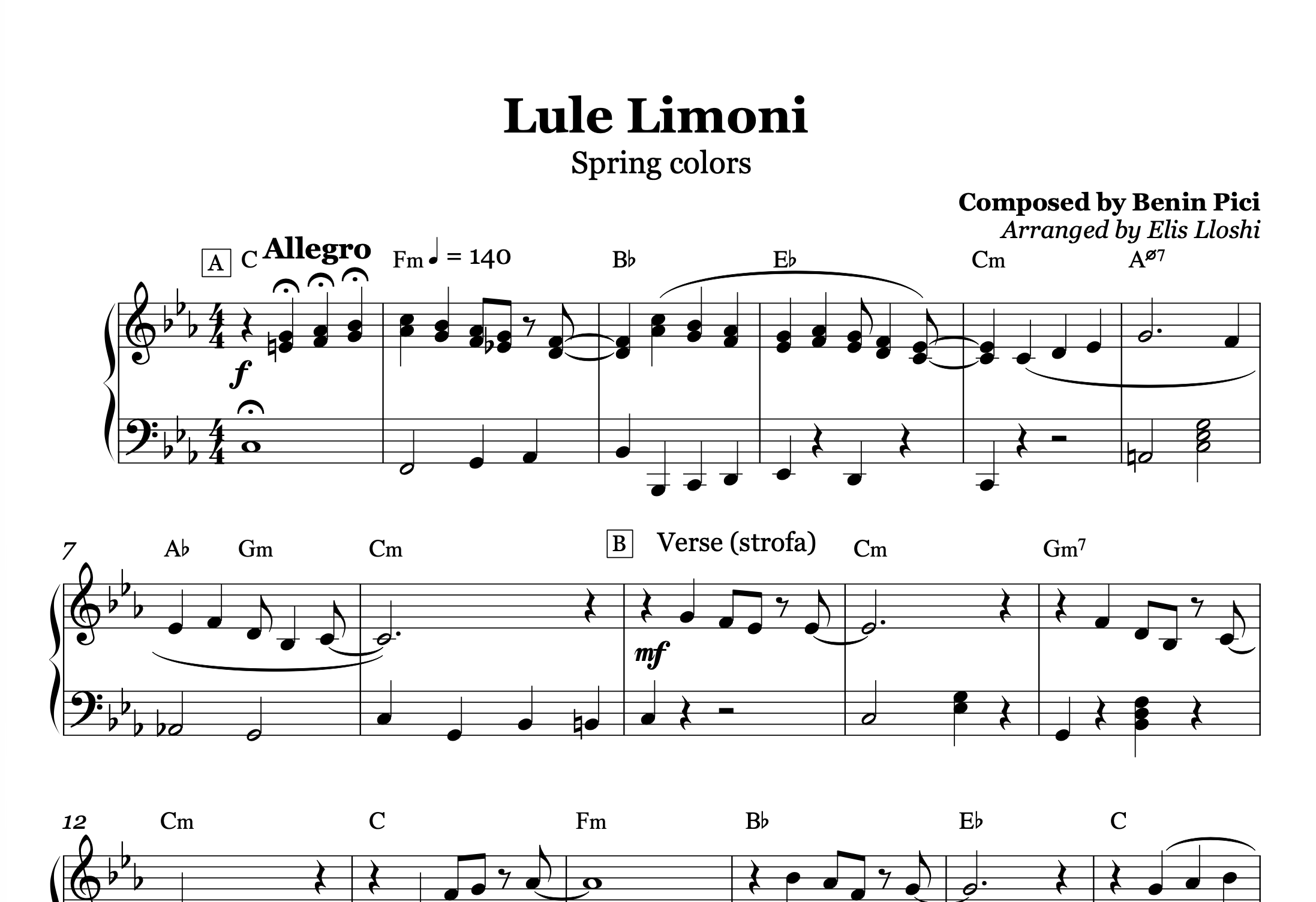 Lule Limoni – Sidrit Bejleri Piano Sheet Music PDF (Easy/Intermediate)