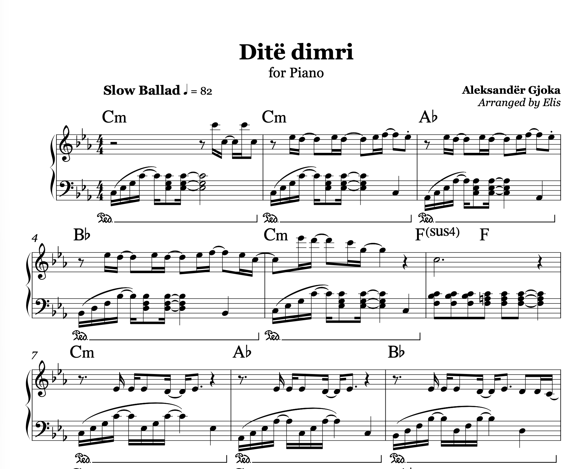 Sheet music for 'Dite dimri' by Aleksander Gioka arranged by Elis on a white background.