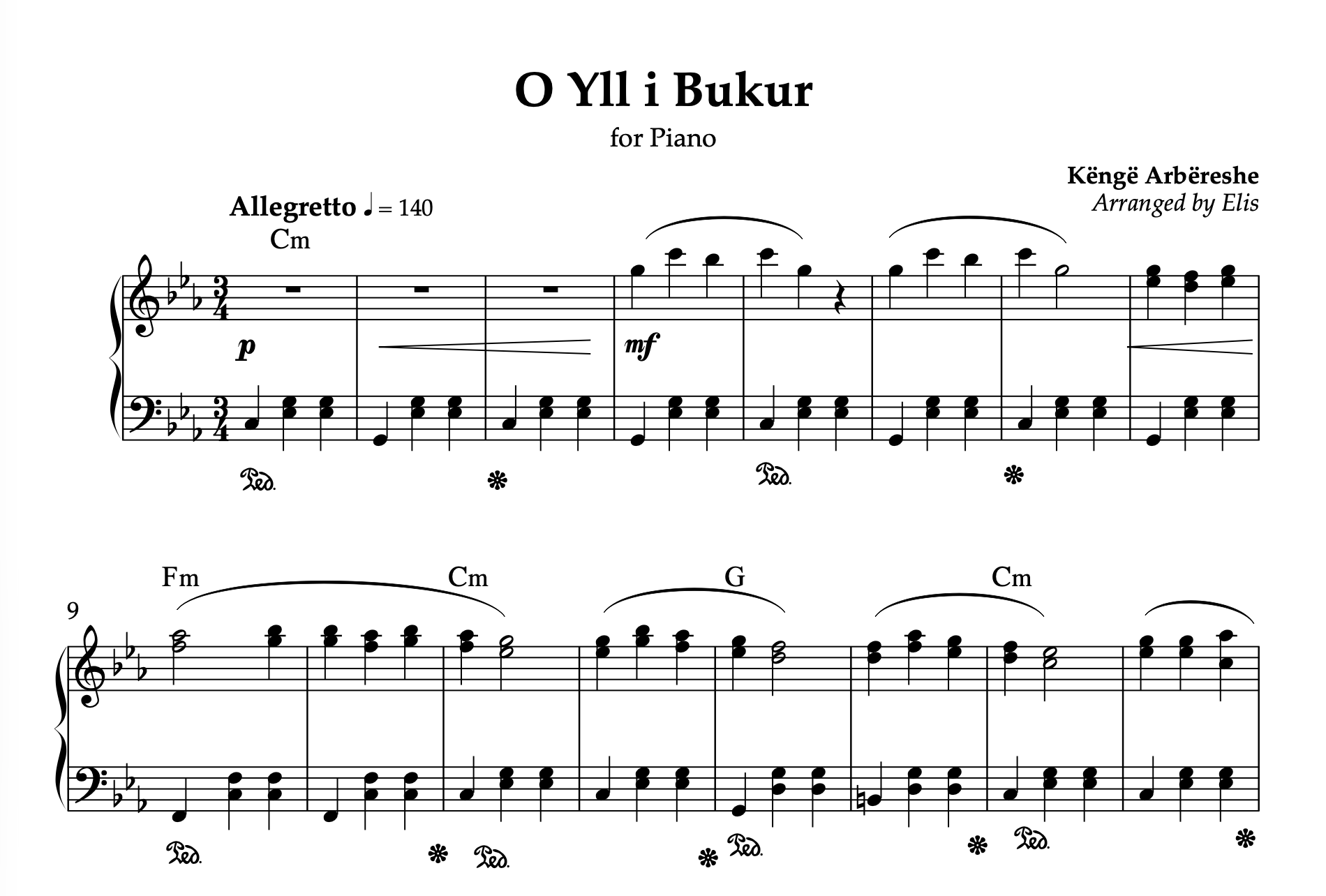 O Yll i Bukur, Albanian Piano Sheet Music