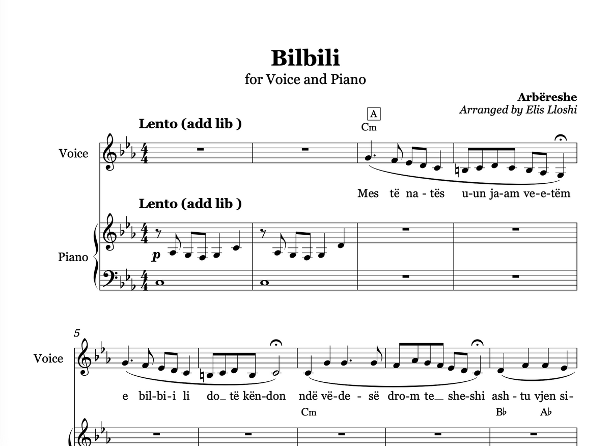 Bilbili - Arbëreshe - Piano and Voice Sheet Music