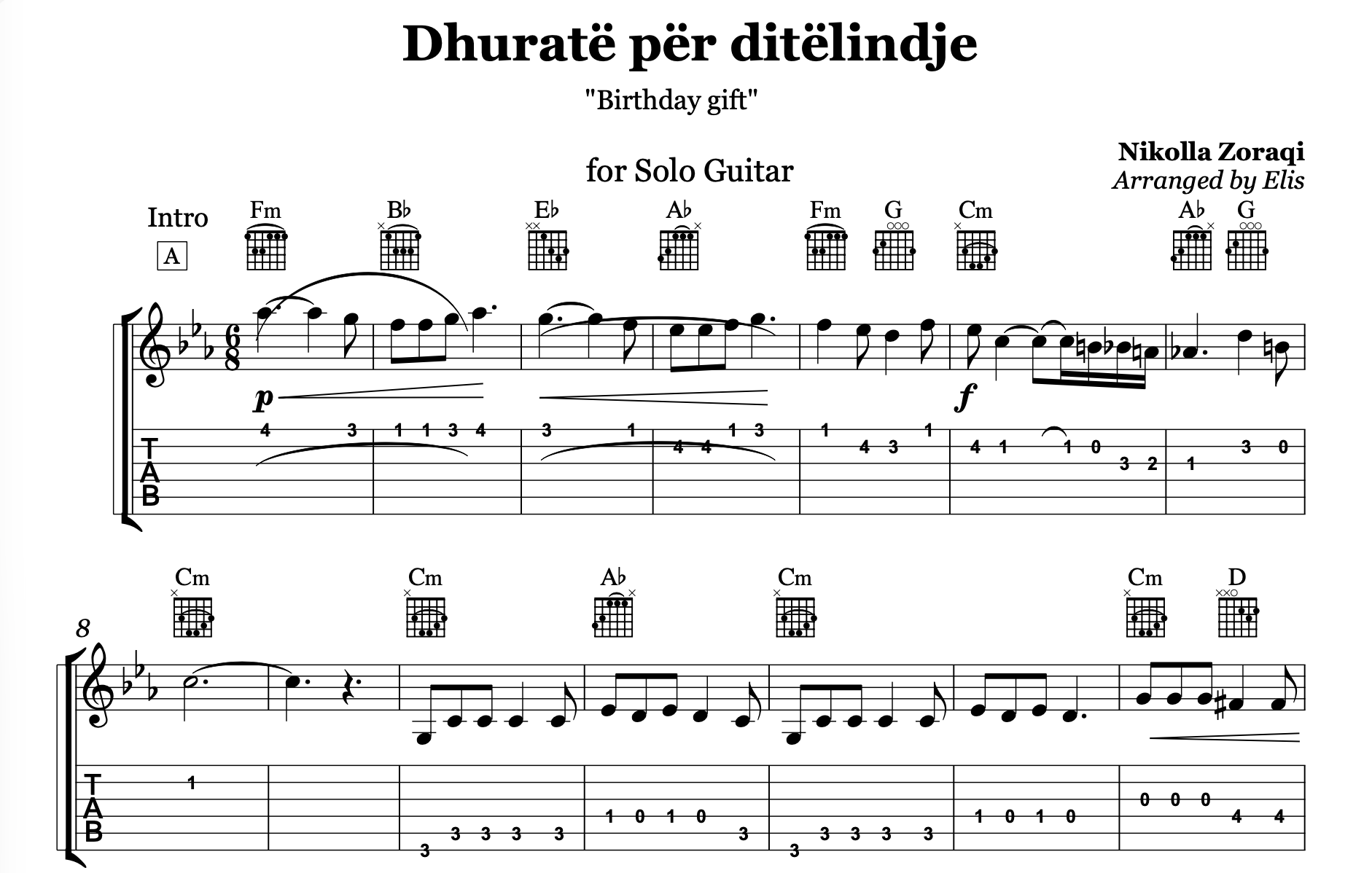 Dhuratë për ditëlindje, Guitar sheet + Chords