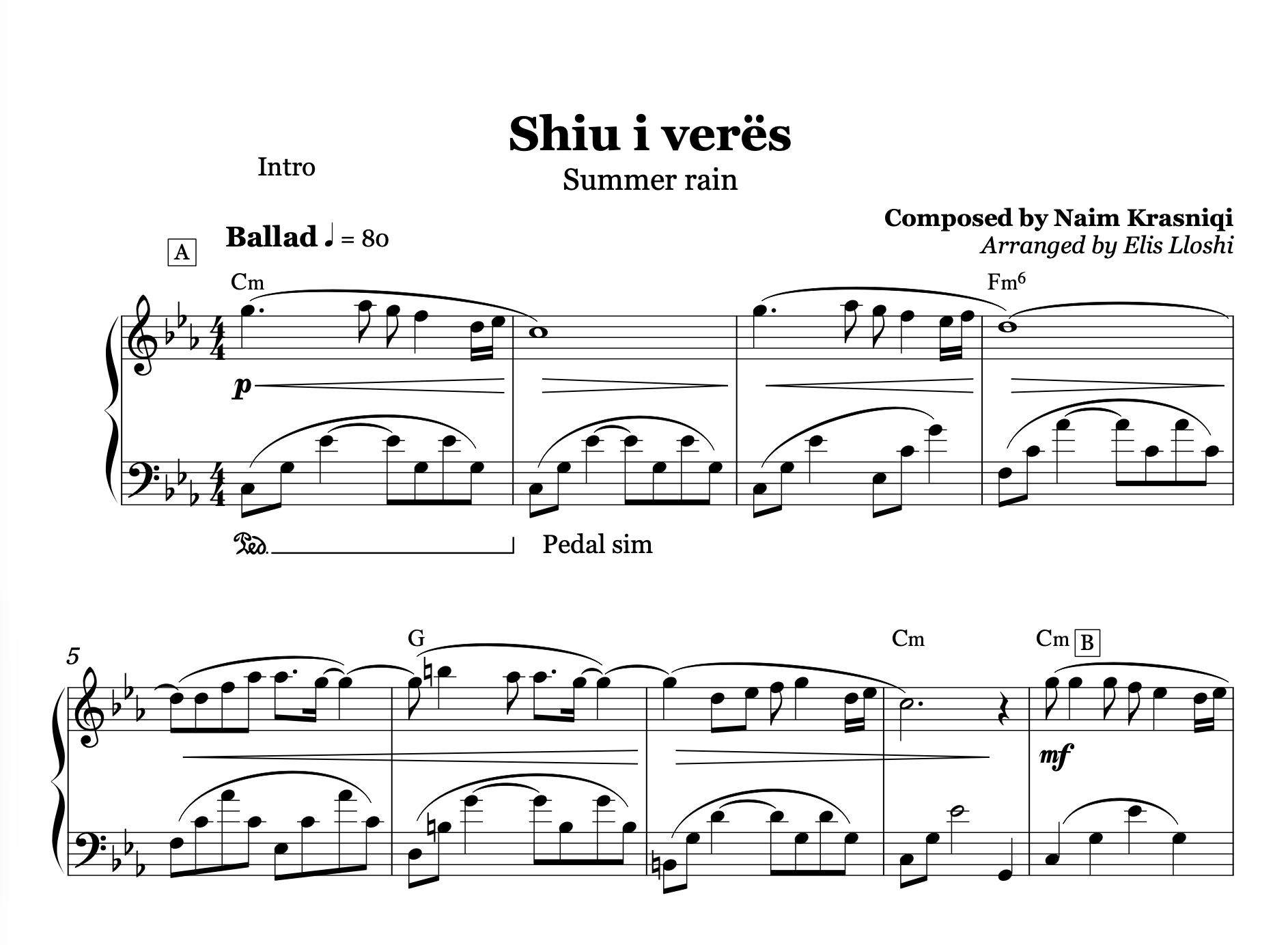 Shiu i verës, Albanian Piano Sheet Music