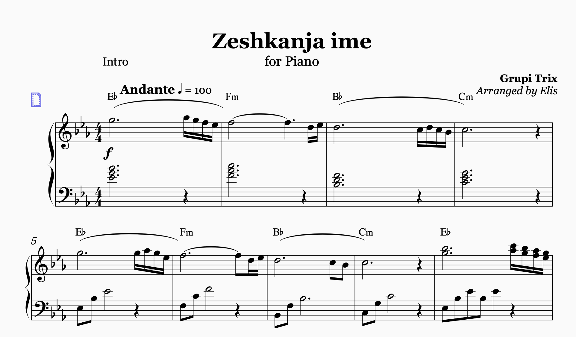 Zeshkanja ime, Piano Sheet Music and Chords
