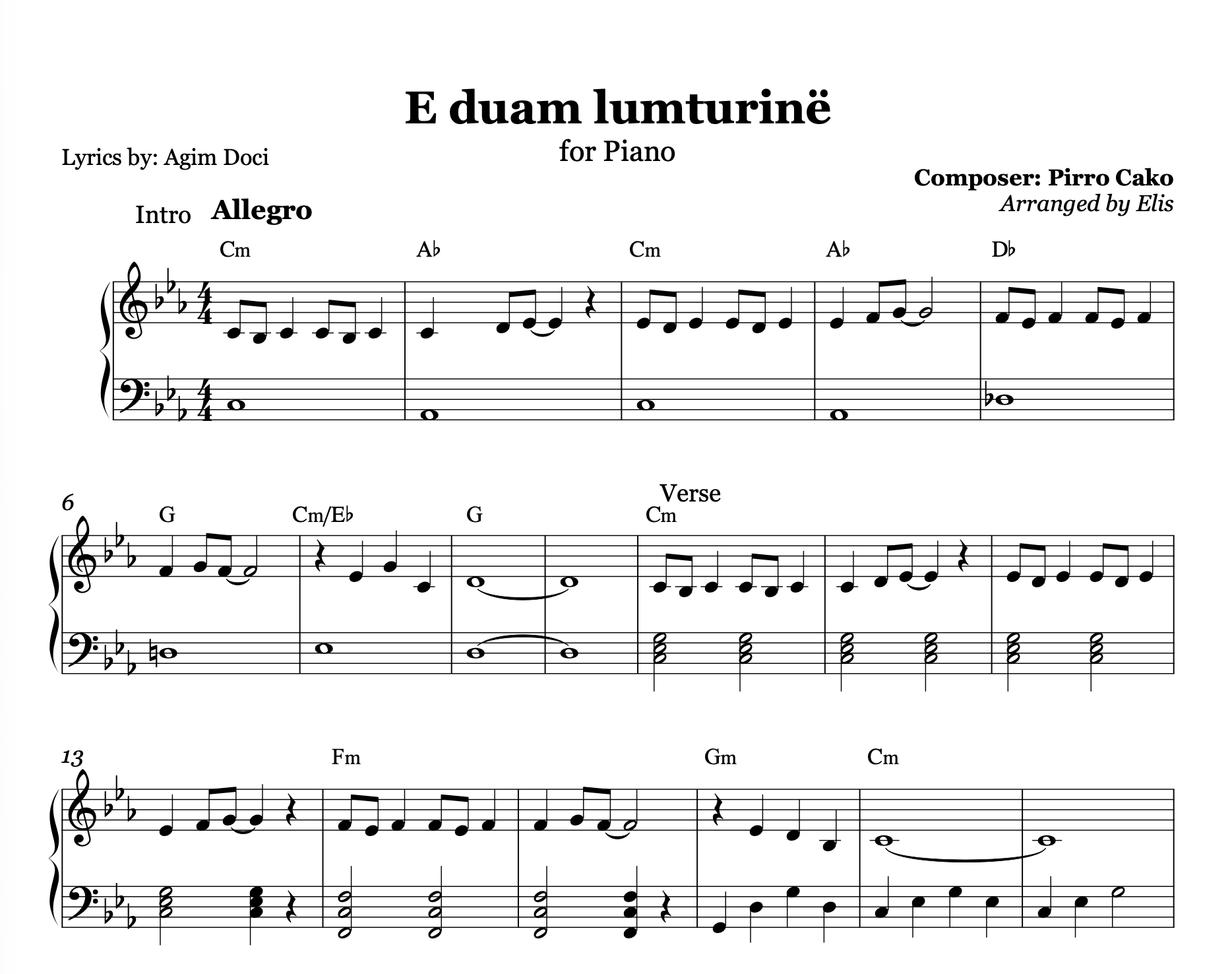 E duam lumturinë, Piano Sheet Music and Chords