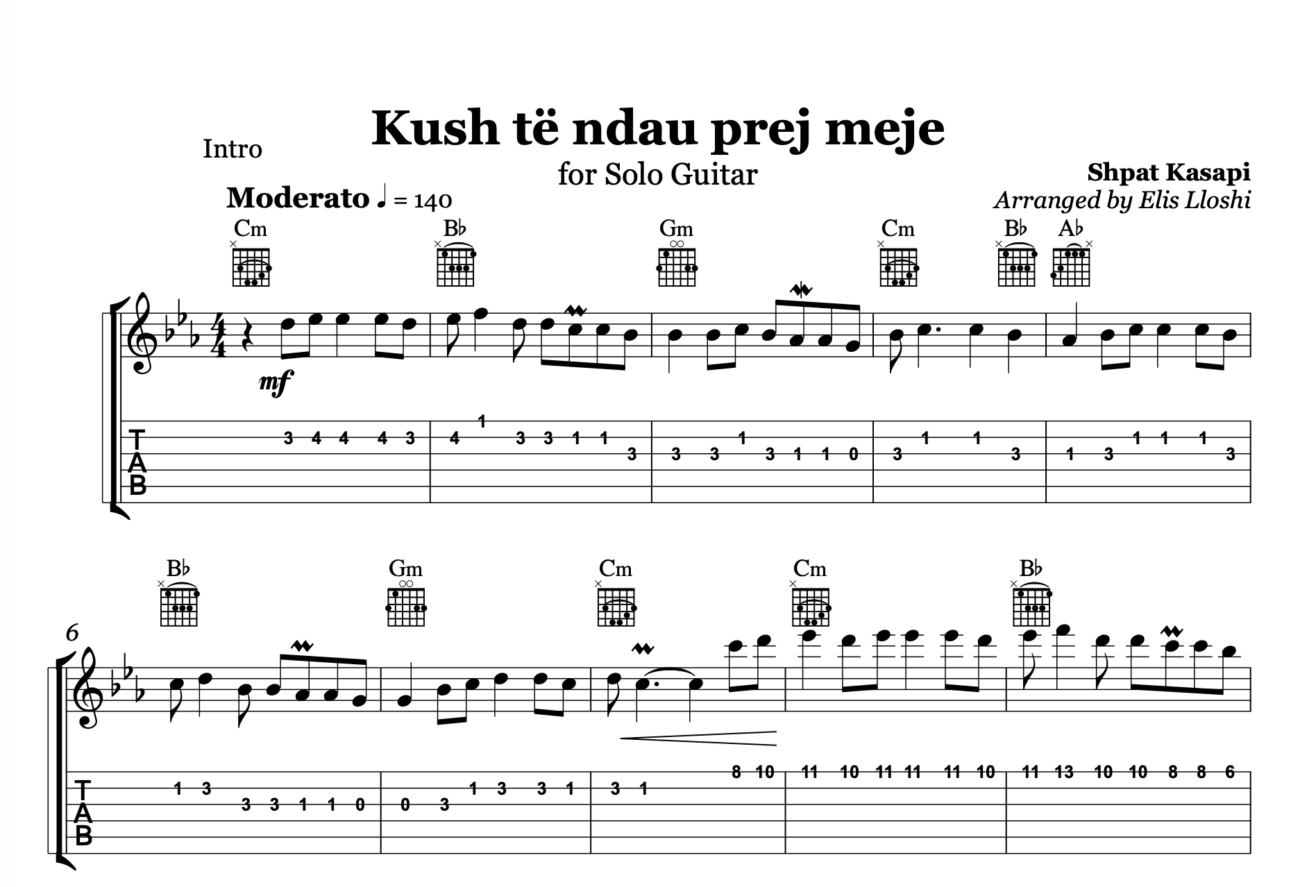 Kush të ndau prej meje, Albanian Guitar Sheet Music