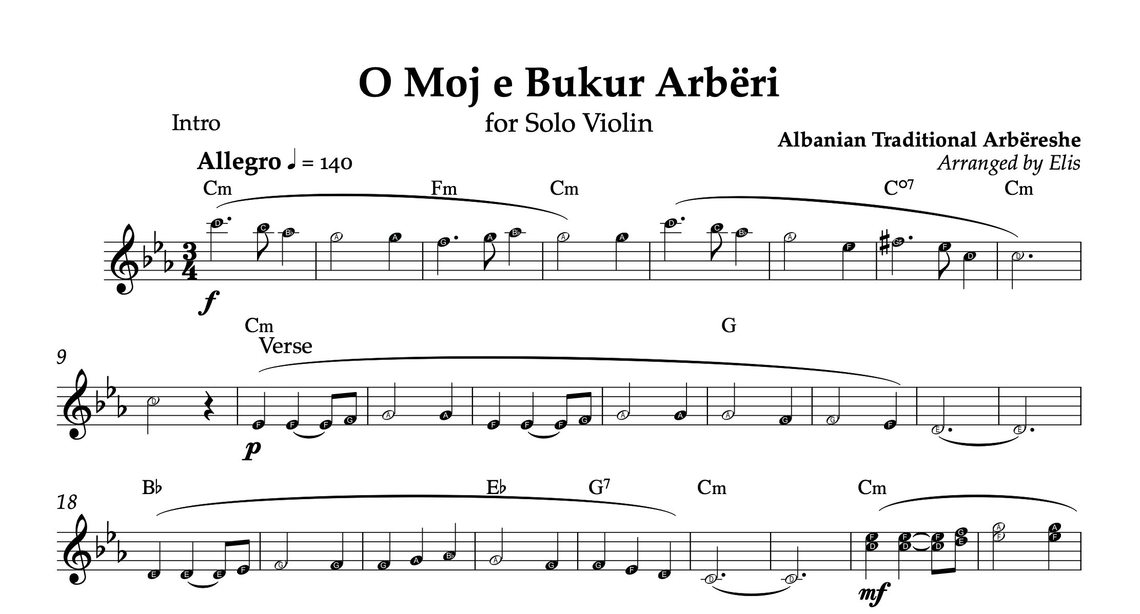 O Moj e Bukur Arbëri, Violin Sheet Music and Chords