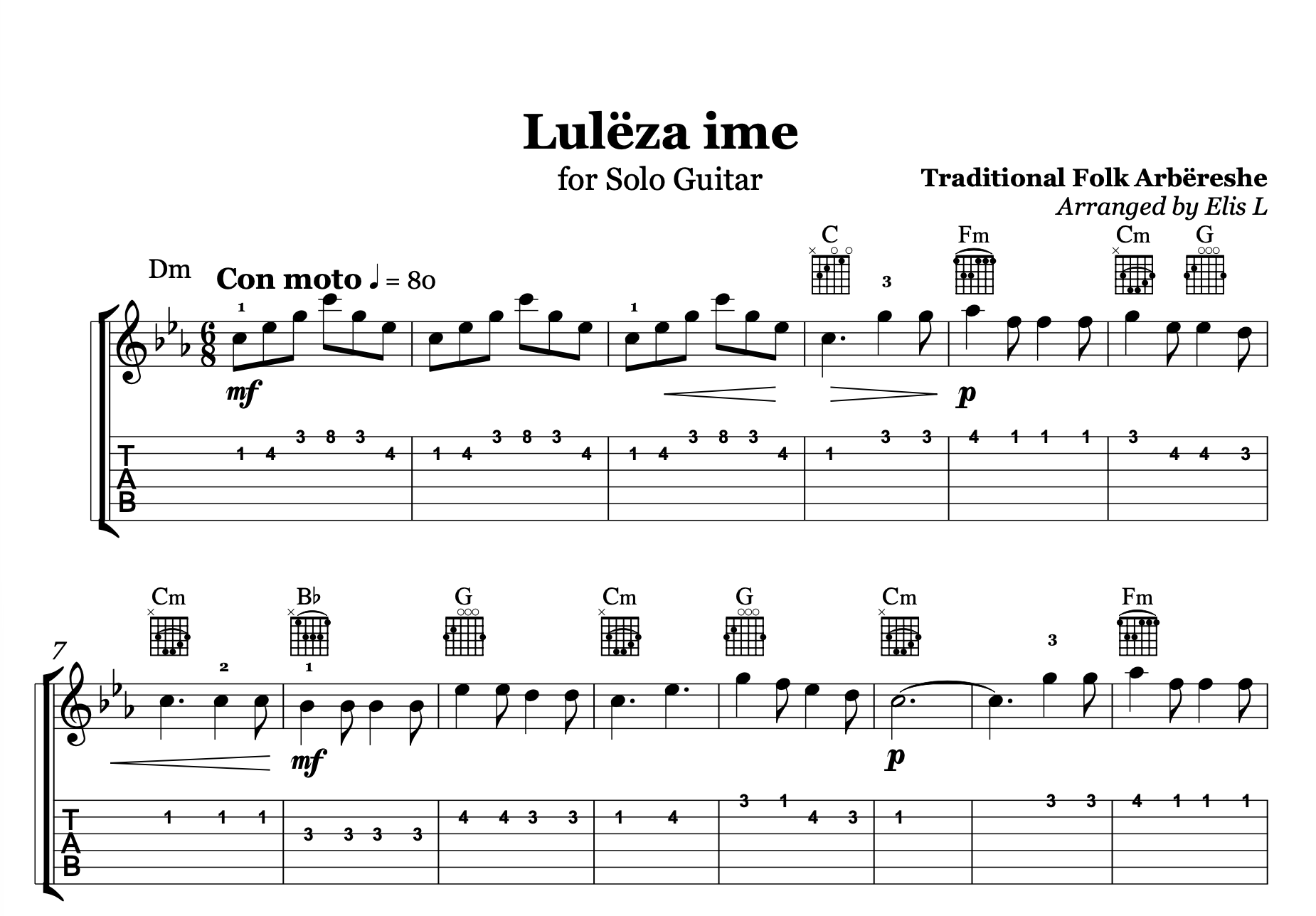 Lulëzo Lulëza ime, Albanian Guitar Sheet Music