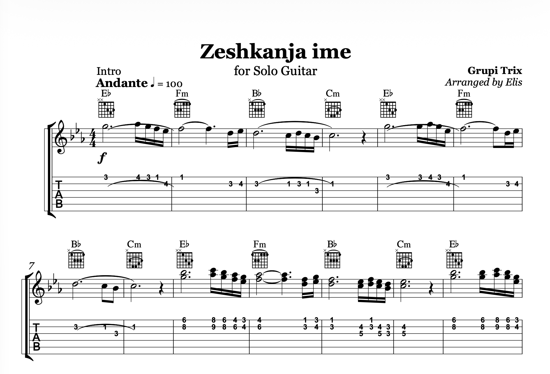 Sheet music for 'Zeshkanja ime' arranged for solo guitar by Grupi Trix, with tablature and musical notation.