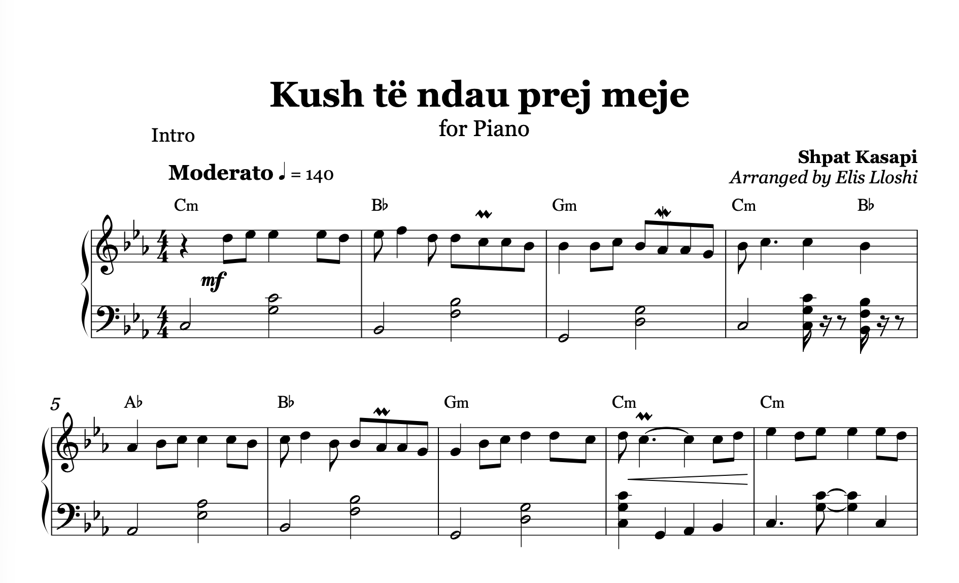 Kush të ndau prej meje, Albanian Piano Sheet Music