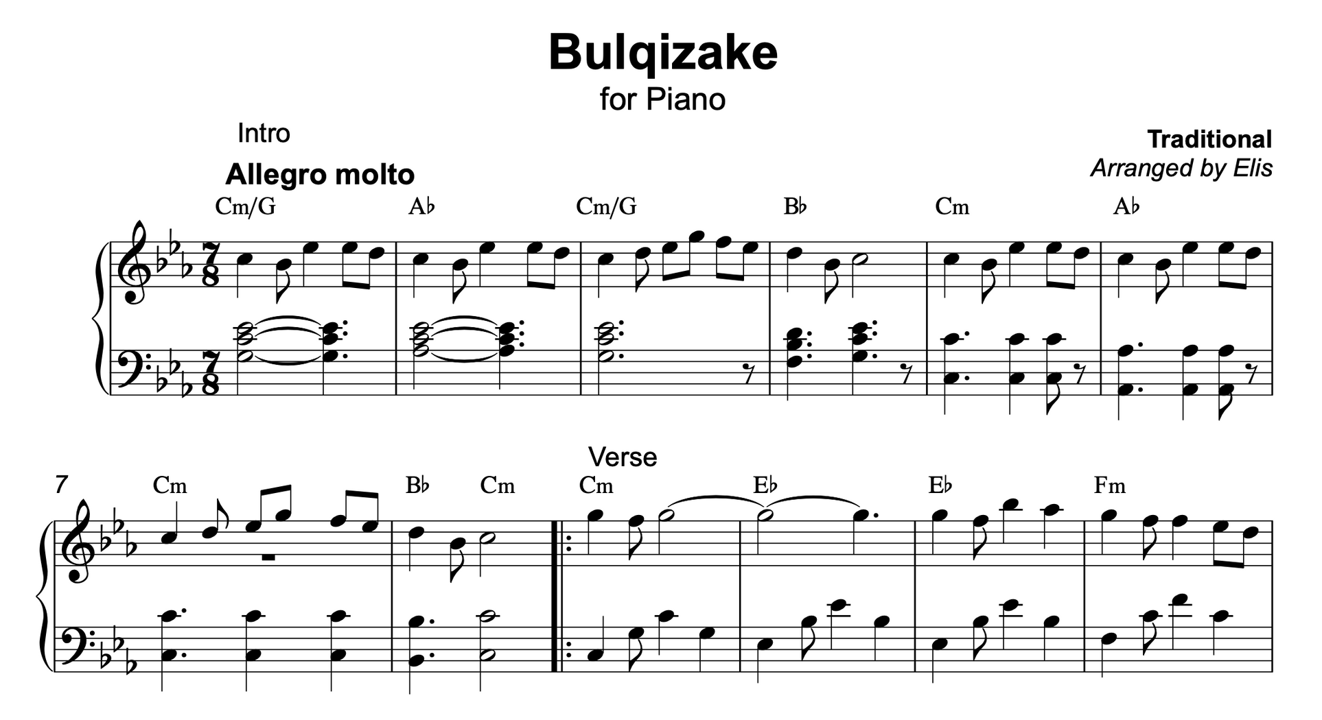 Bulqizake, Piano sheet + chords